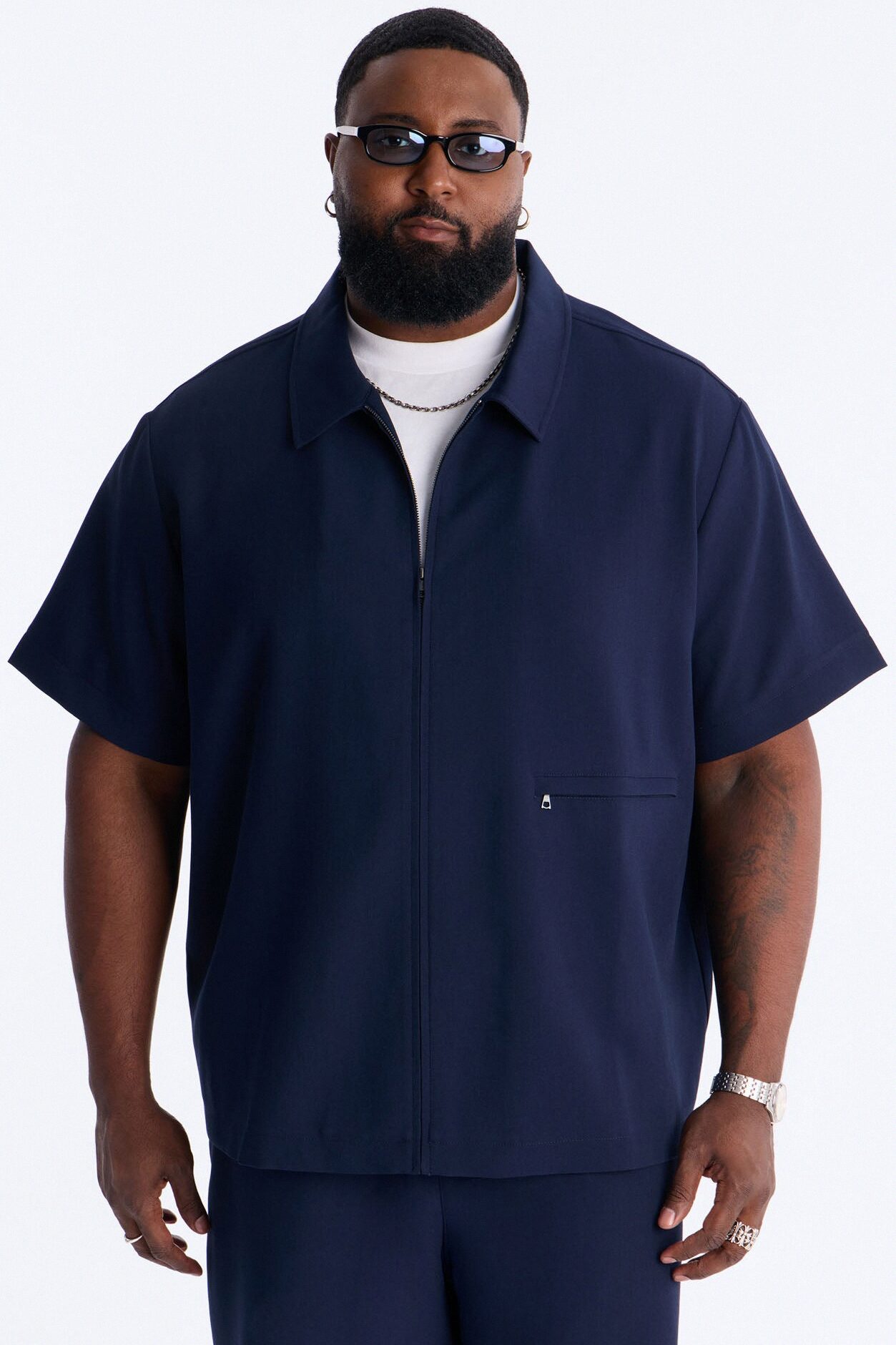 Modern Essential Short Sleeve Zip Collar Shirt - Navy