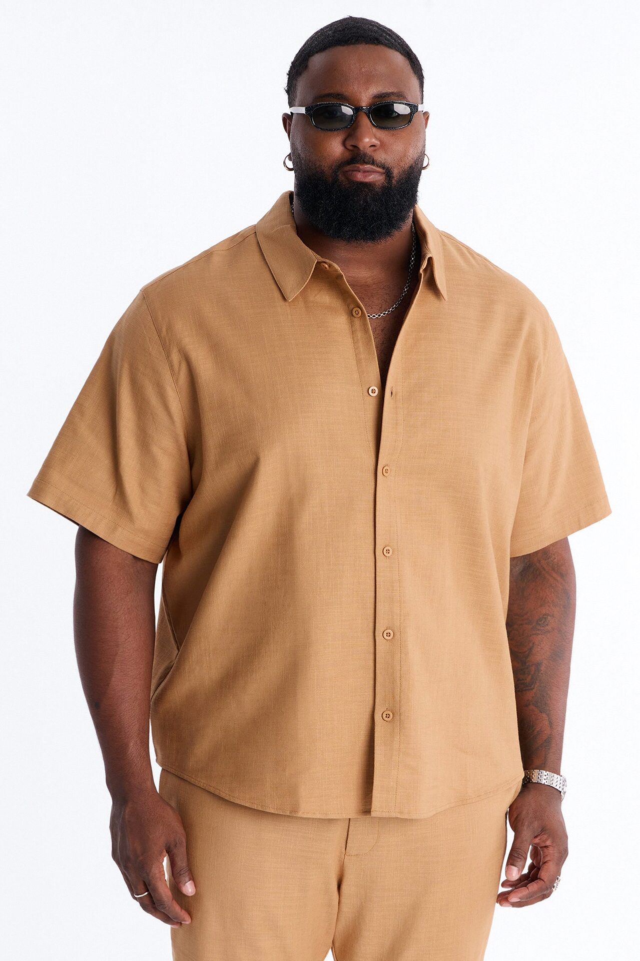 Relaxed Sunward Coast Linen Button Up Shirt - Brown