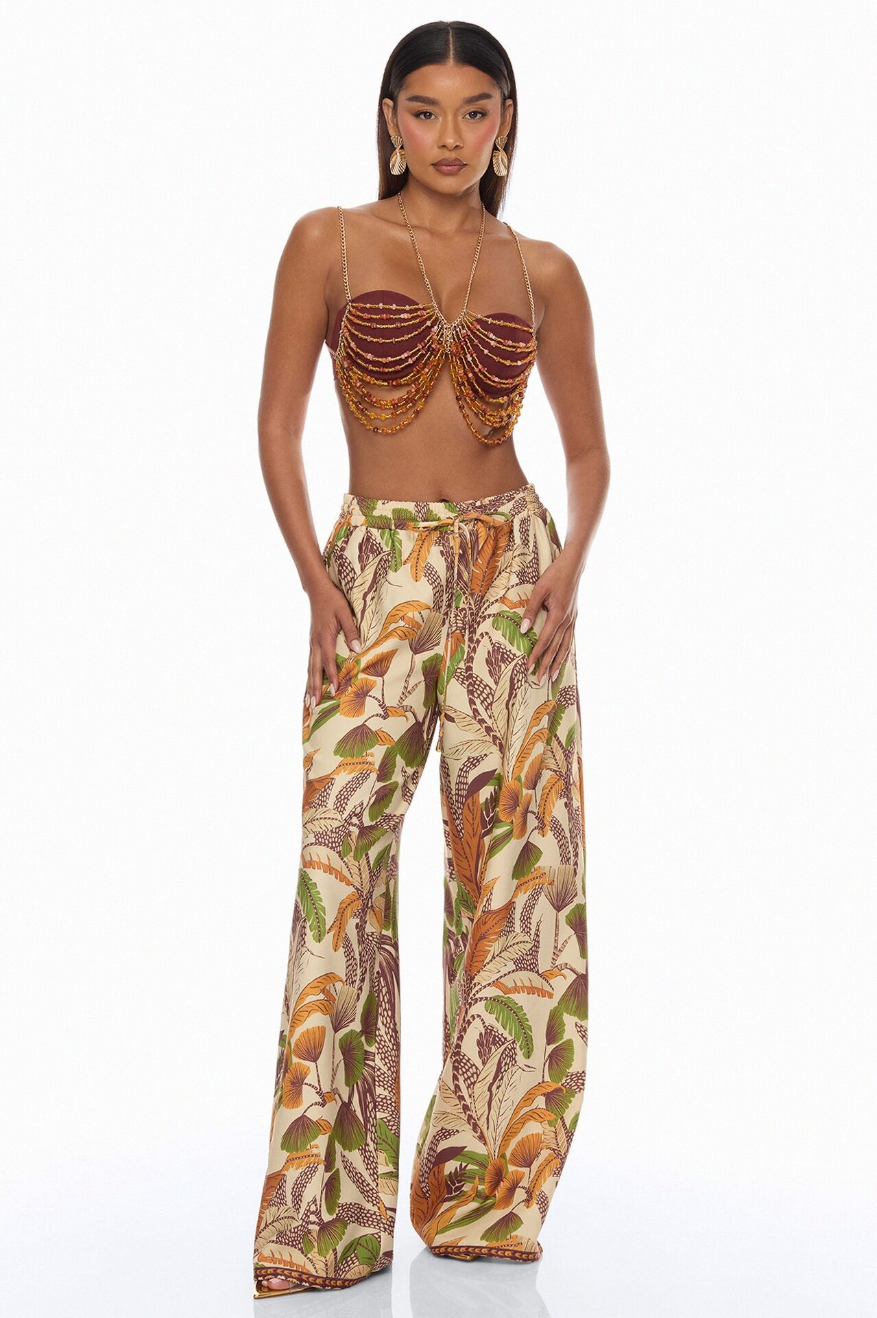 Coastal Chic Beaded Pant Set - BrownCombo