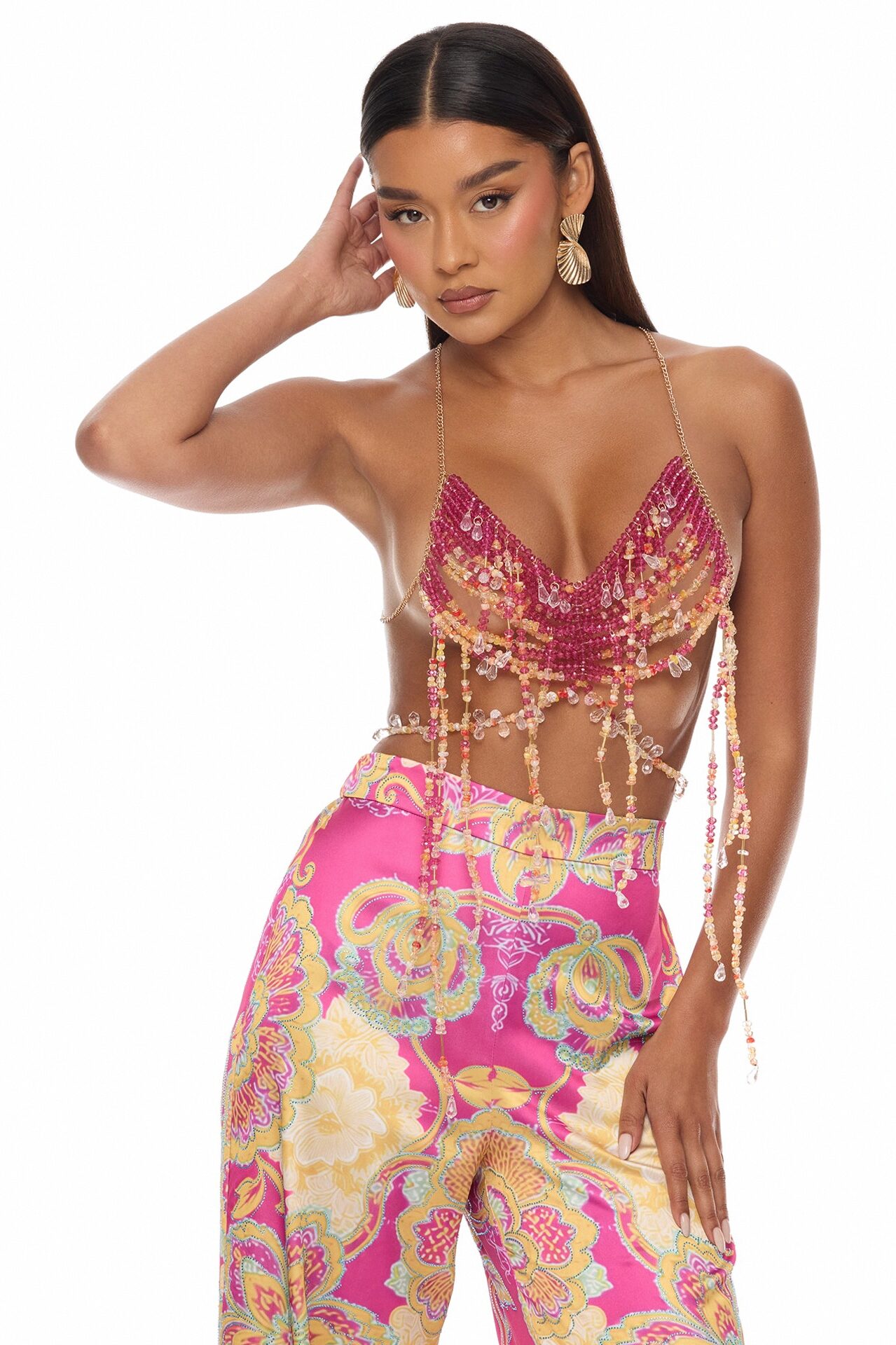 Addison Beaded Top Pant Set - Pink/combo