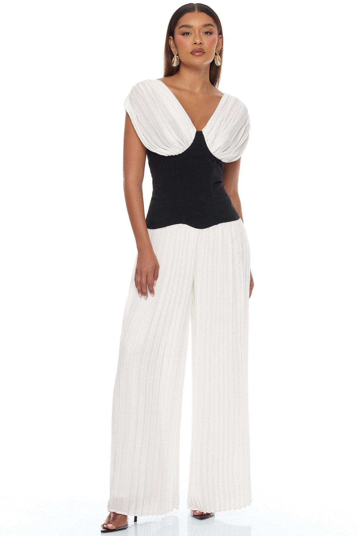 Solene Corset Waist Pleated Jumpsuit - Black/White