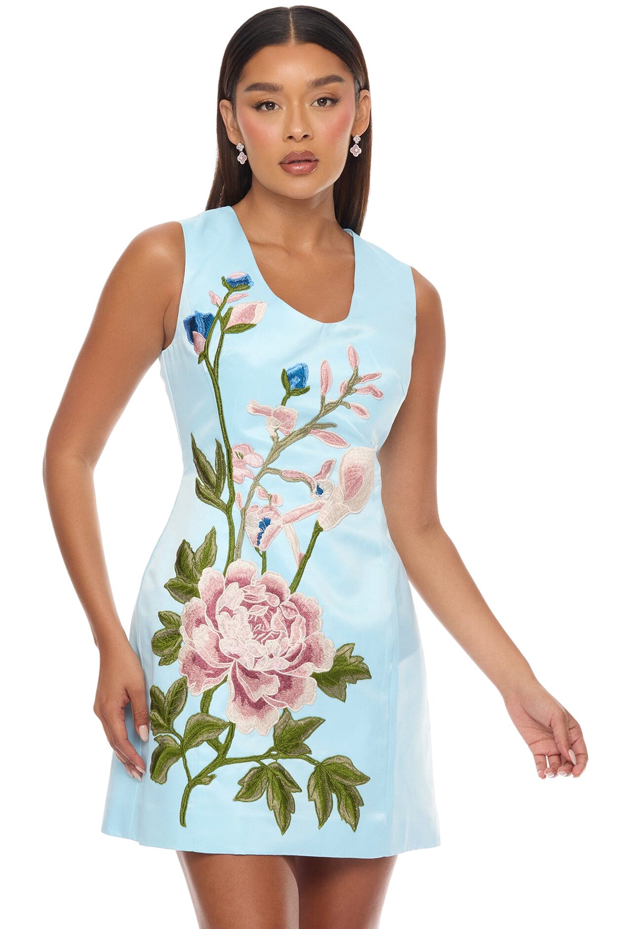 Macie Embroidered Satin Mini Dress - LightBlue