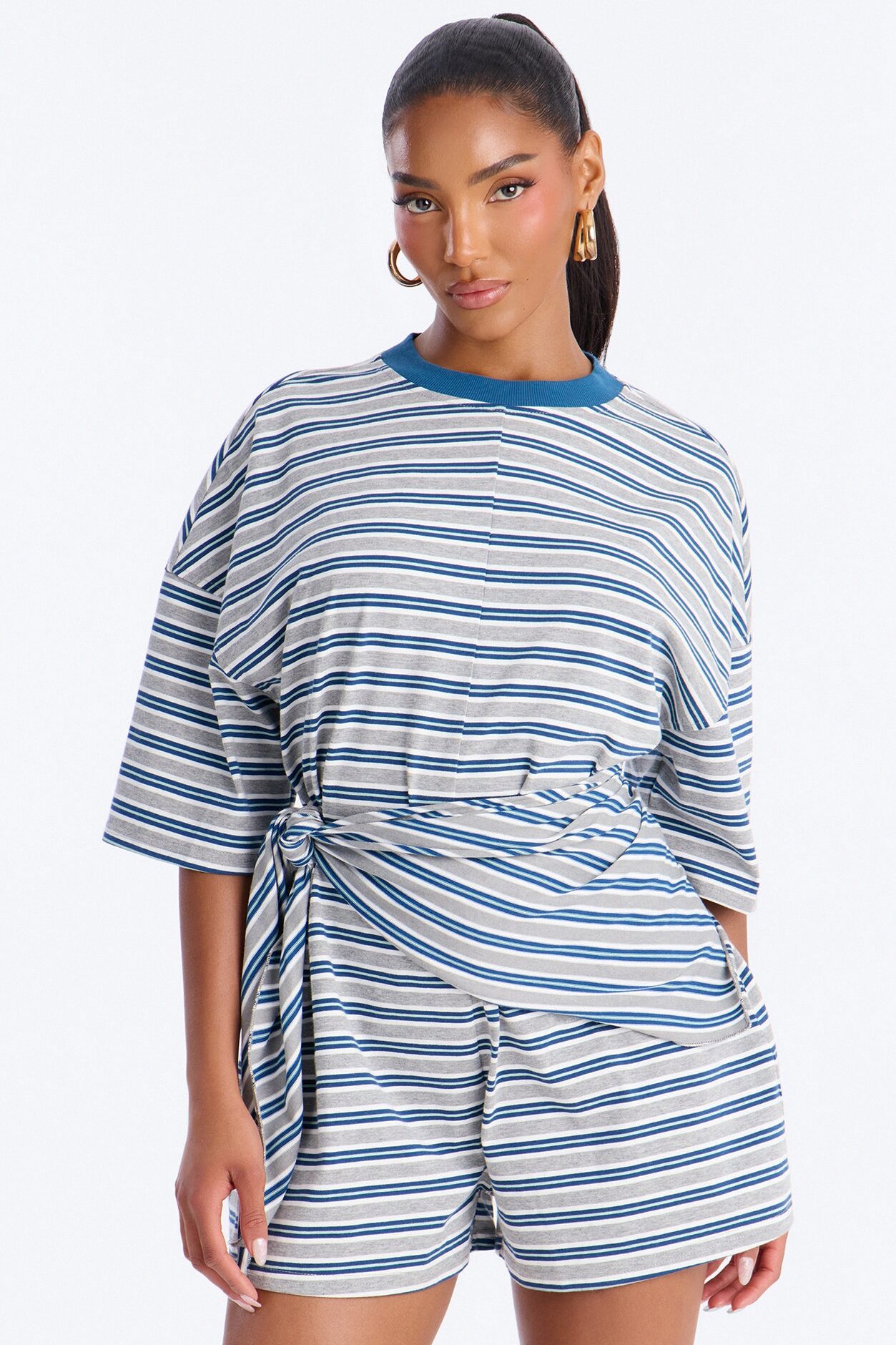 Halle Striped Waist Scarf Romper - Grey