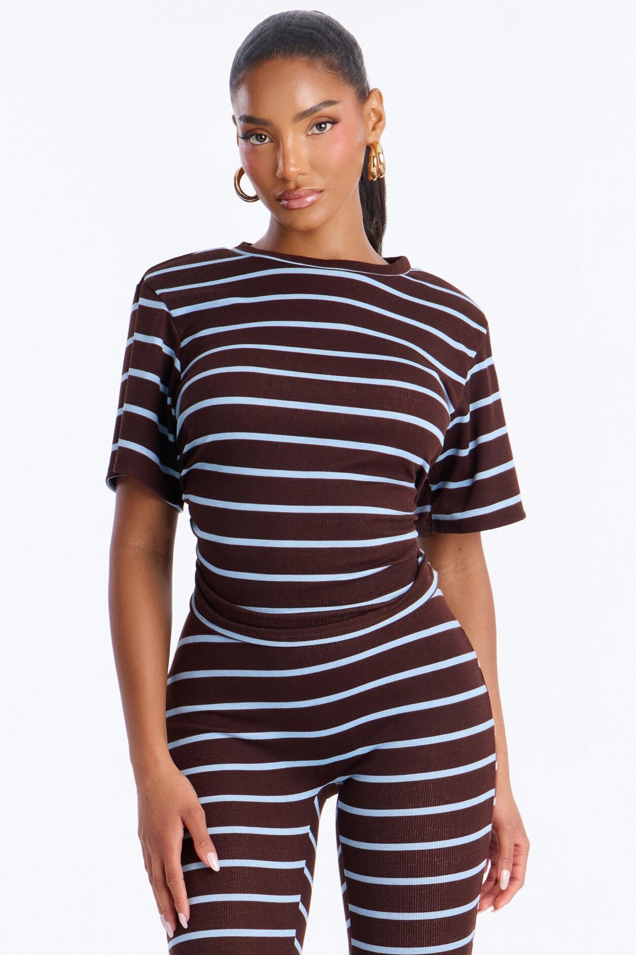 Mia Striped Ribbed Capri Set - Chocolate