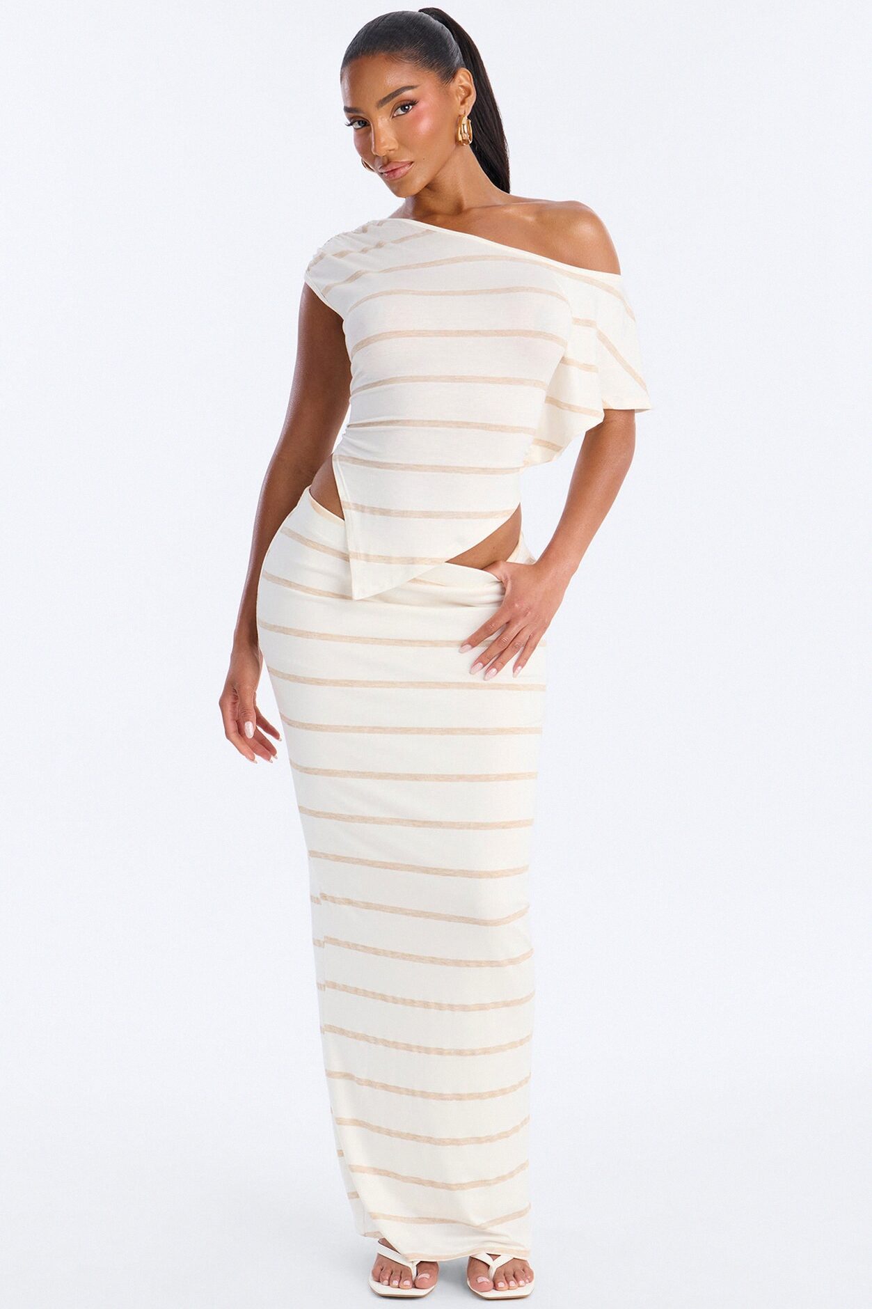 Linda Off Shoulder Striped Skirt Set - Cream/combo