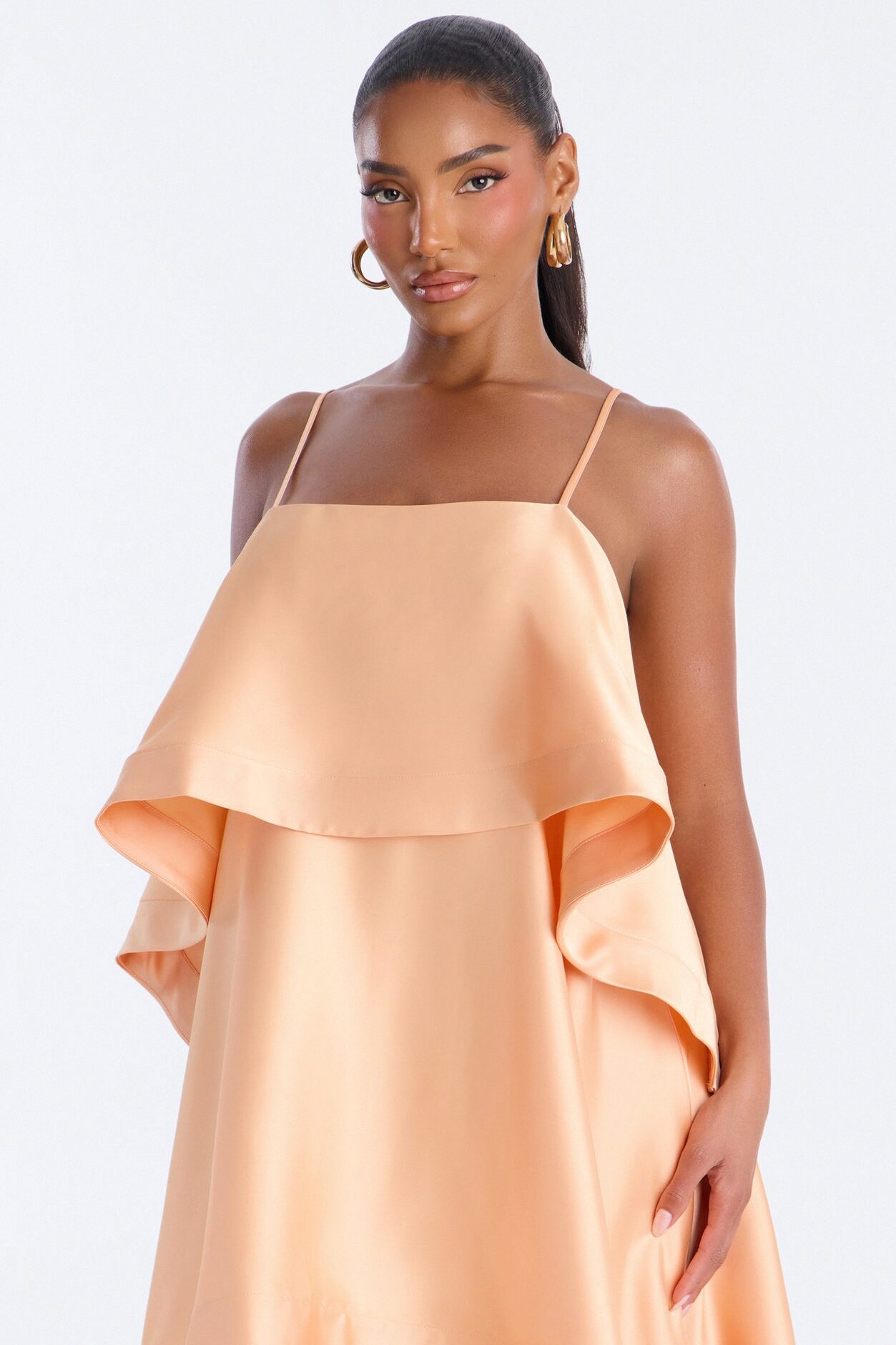 Rowen Tiered Satin Gown - Peach