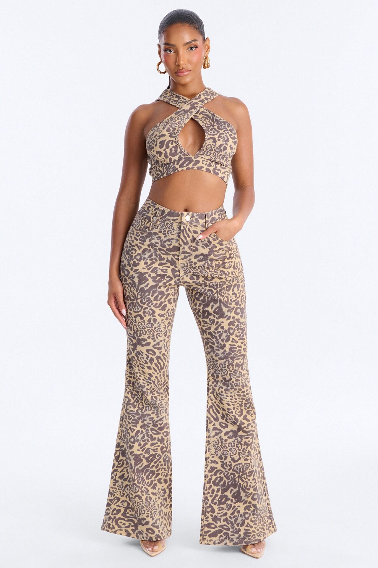 Cheetah Crush Denim Pant Set - Mocha/combo