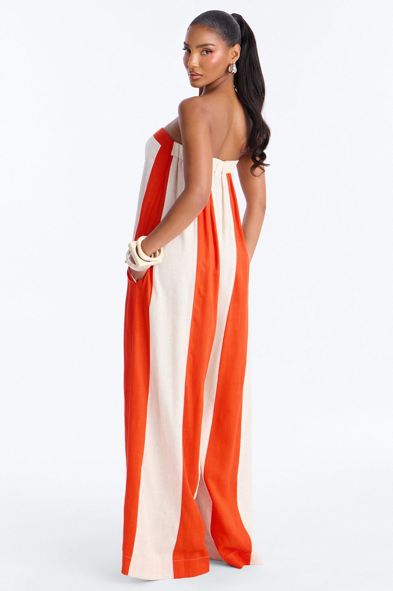 Michelle Striped Strapless Linen Jumpsuit - Orange