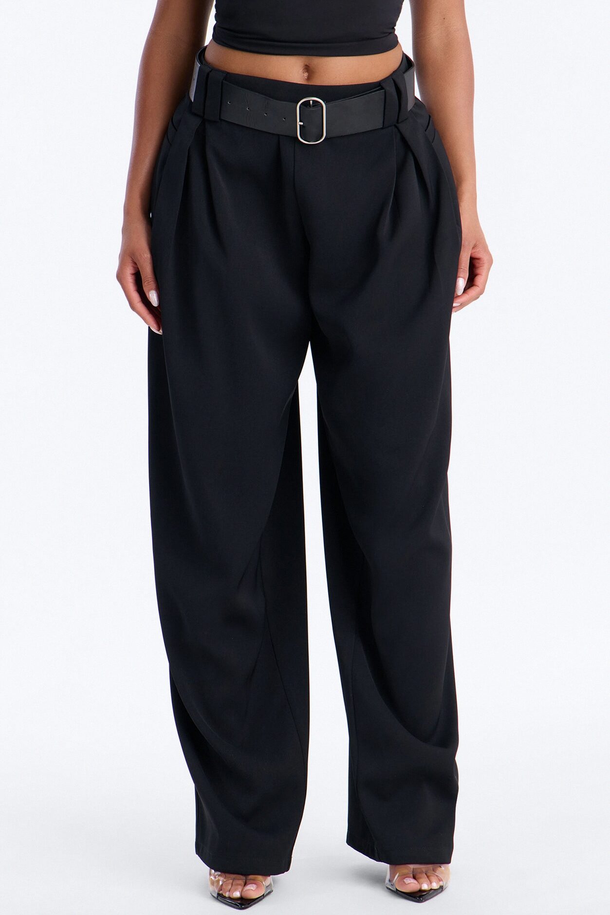 Diana Belted Wide Leg Pleated Trouser - Black