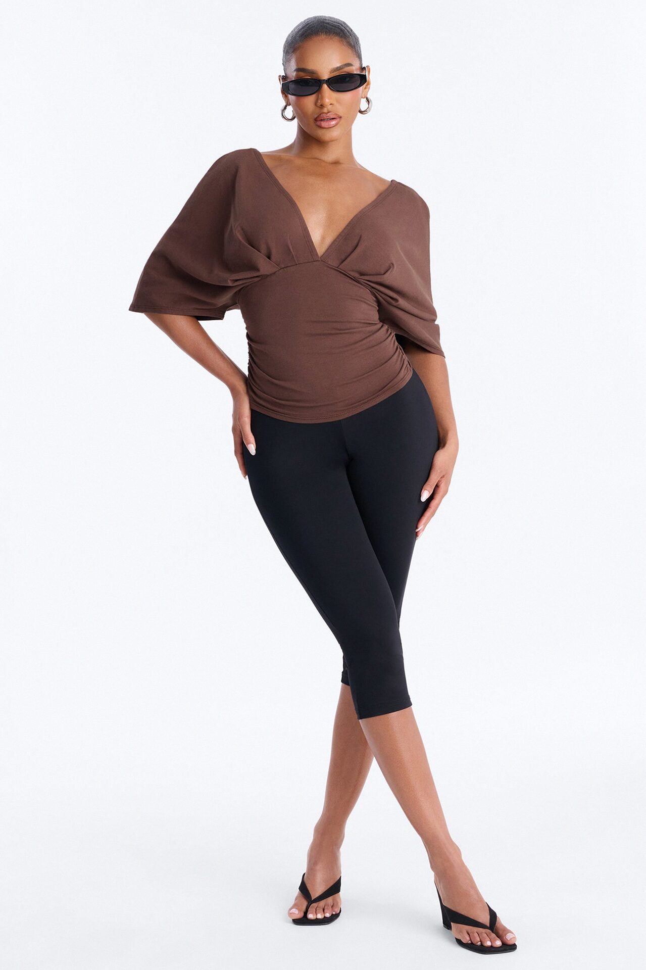Taylor Cinched Waist Ruched Short Sleeve Top - Brown