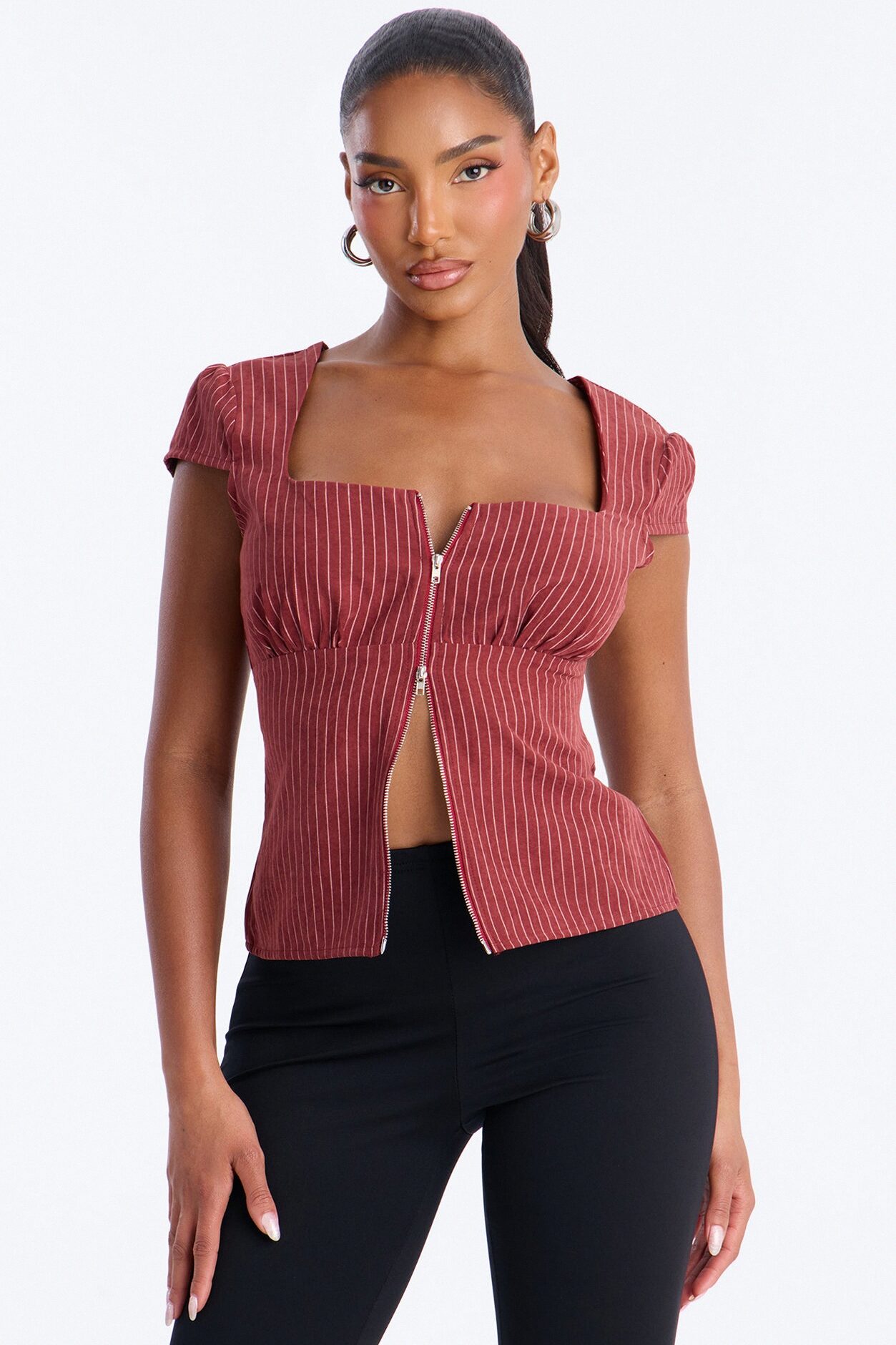 Candace Pinstripe Zipper Short Sleeve Top - Burgundy/combo