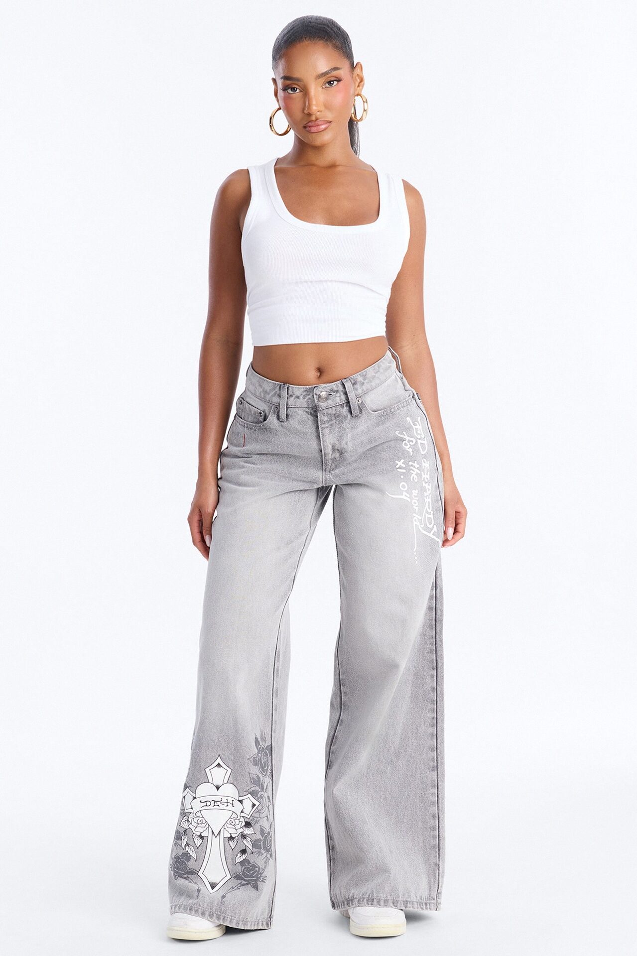 Ed Hardy Rose Cross Wide Leg Jeans - Grey