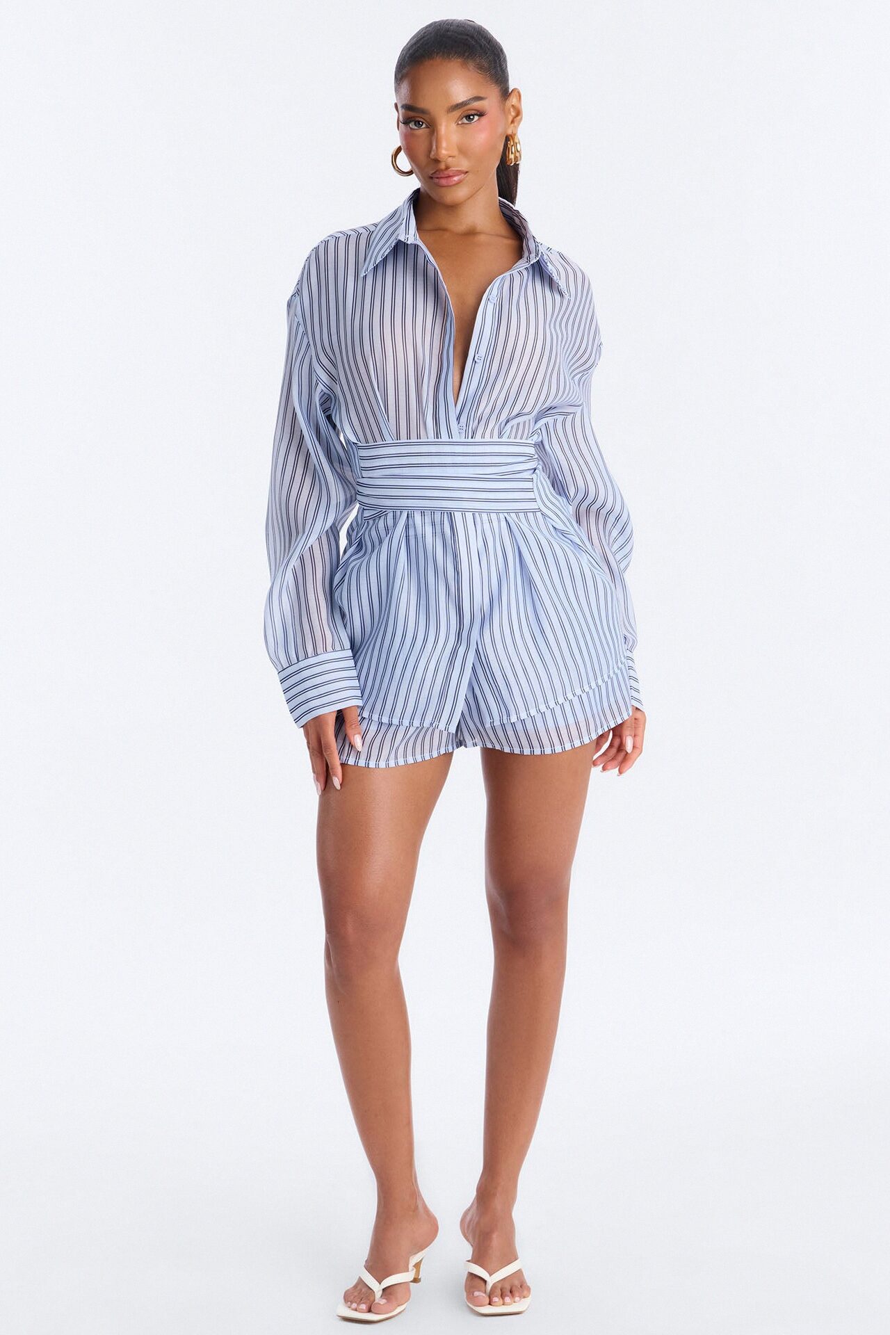 Maddie Belted Chiffon Short Set - Blue