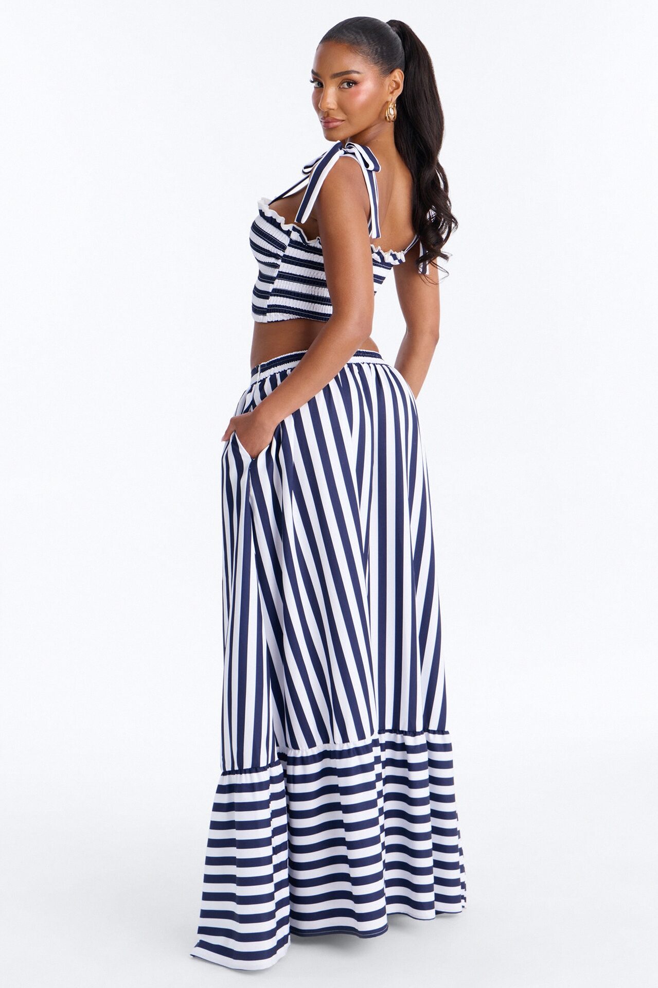 Marisol Stripe Maxi Skirt Set - Navy/combo