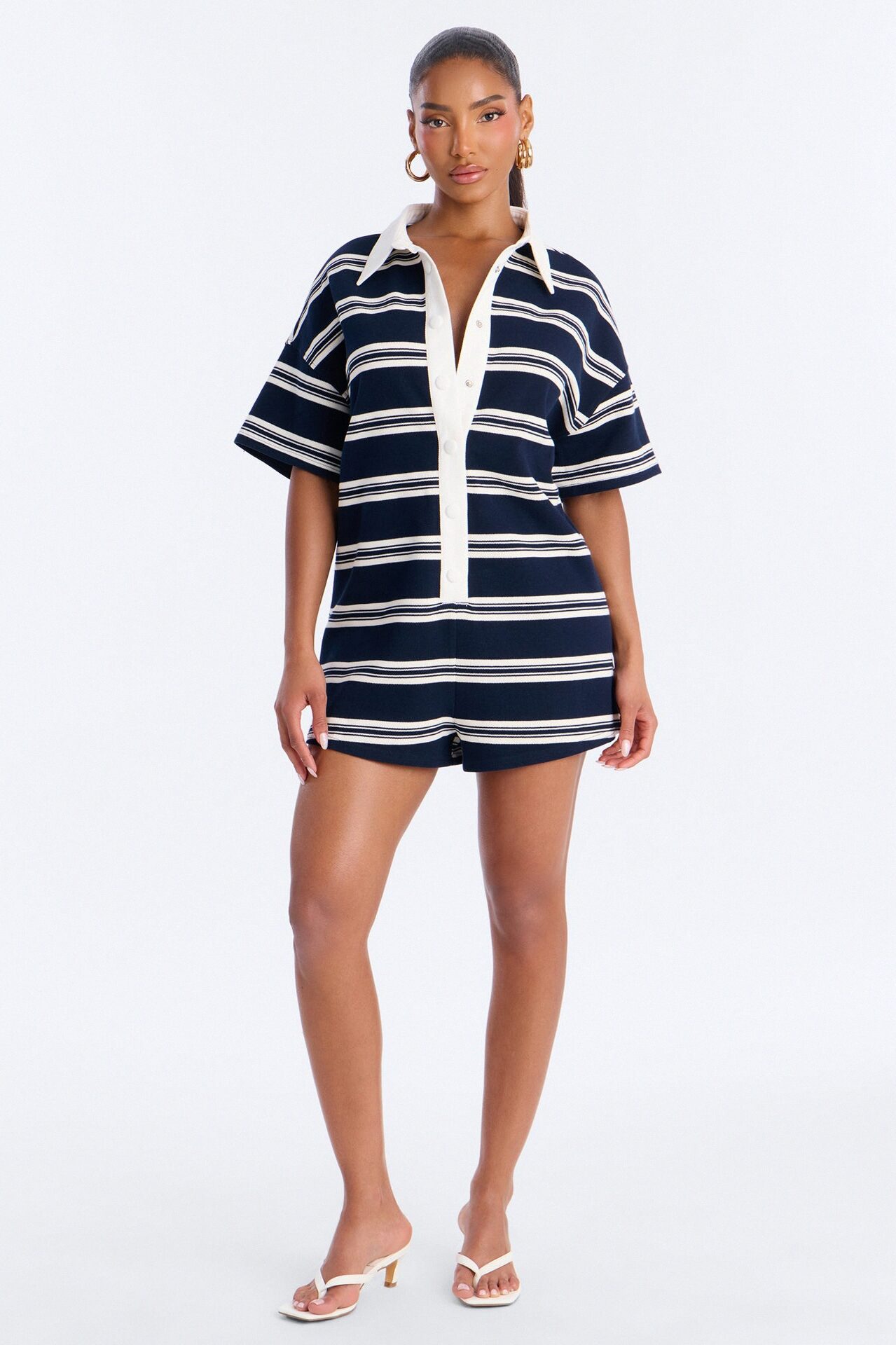 Kyla Striped Short Sleeve Polo Romper - Navy
