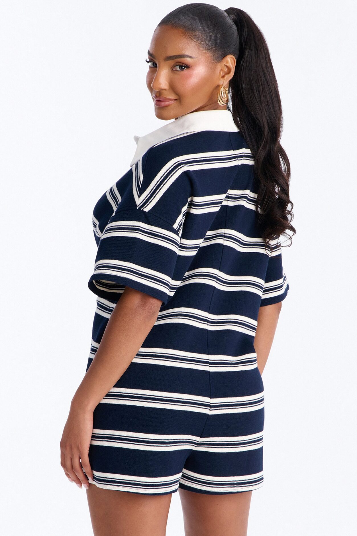 Kyla Striped Short Sleeve Polo Romper - Navy