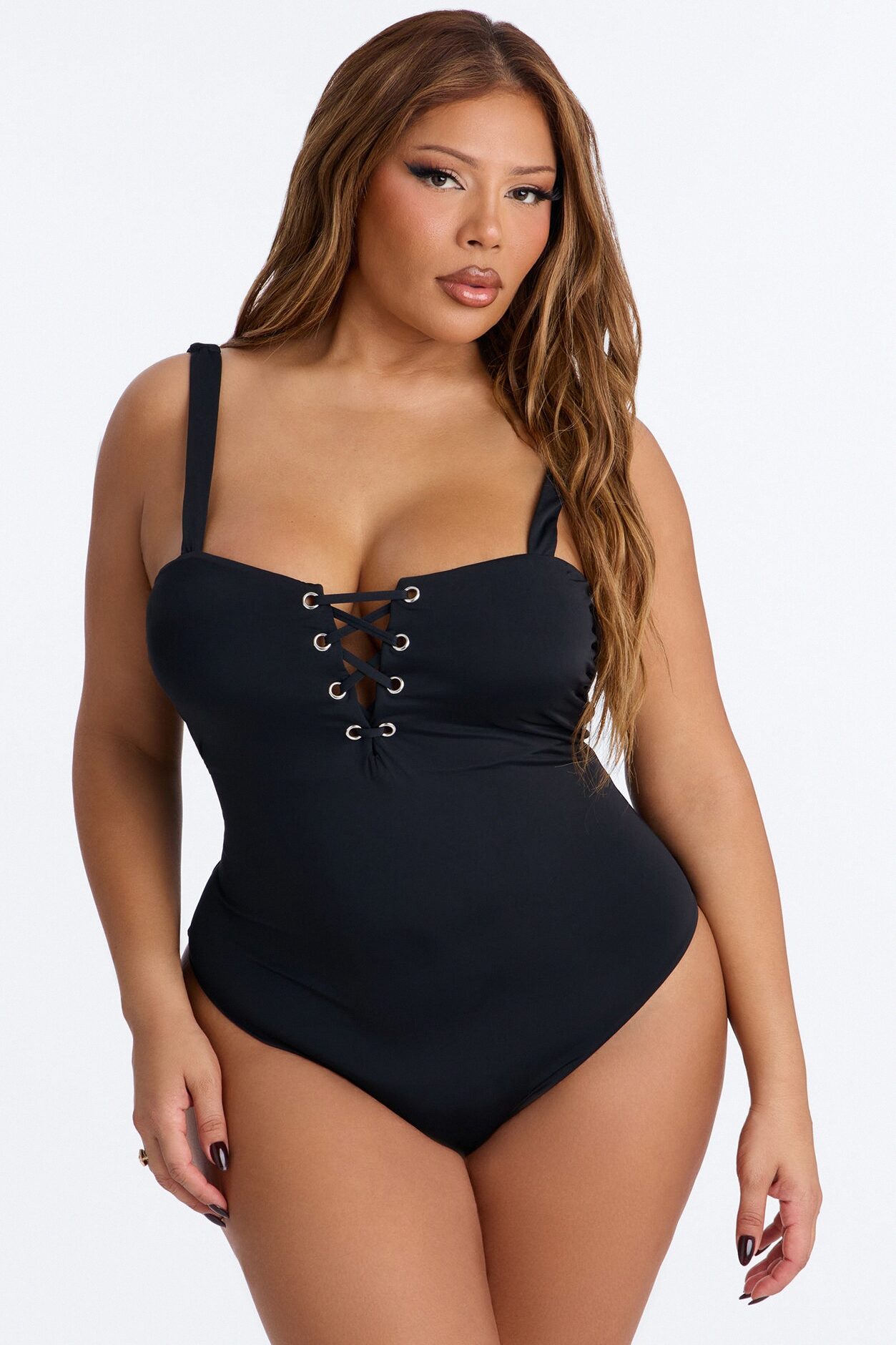 Sandy Toes Lace Up High Leg 1 Piece Swimsuit - Black