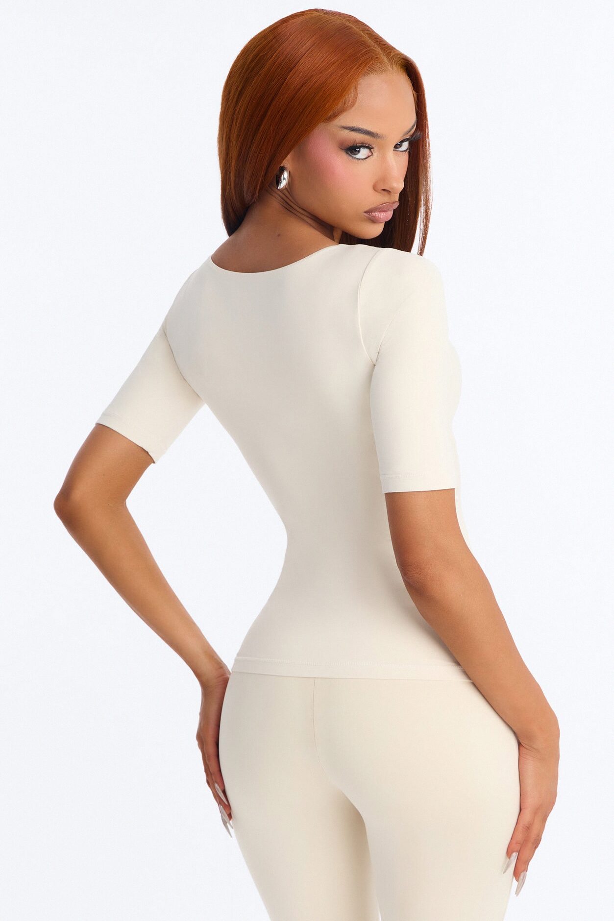 Second Skin Deep U Neck Elbow Sleeve Top - Bone