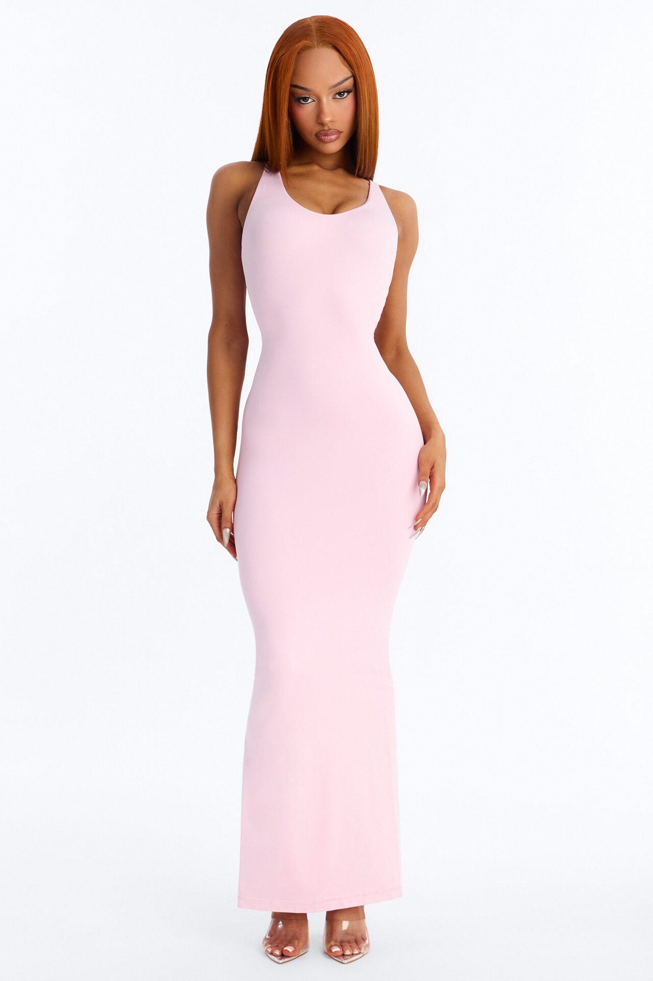 Seamless Smooth Double Lined Scoop Neck Maxi Dress - Light Pink