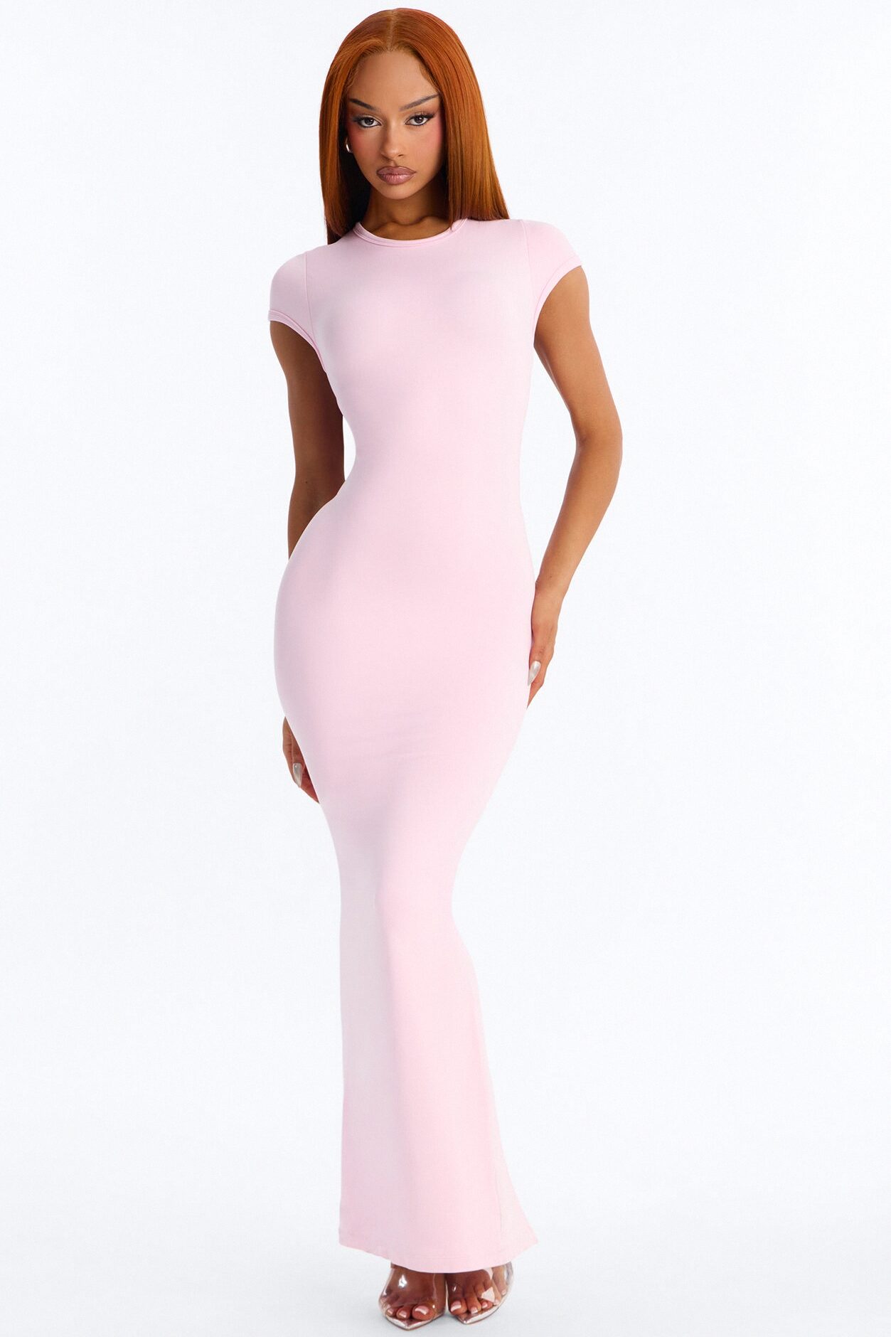 Seamless Smooth Double Lined Cap Sleeve Maxi Dress - Light Pink