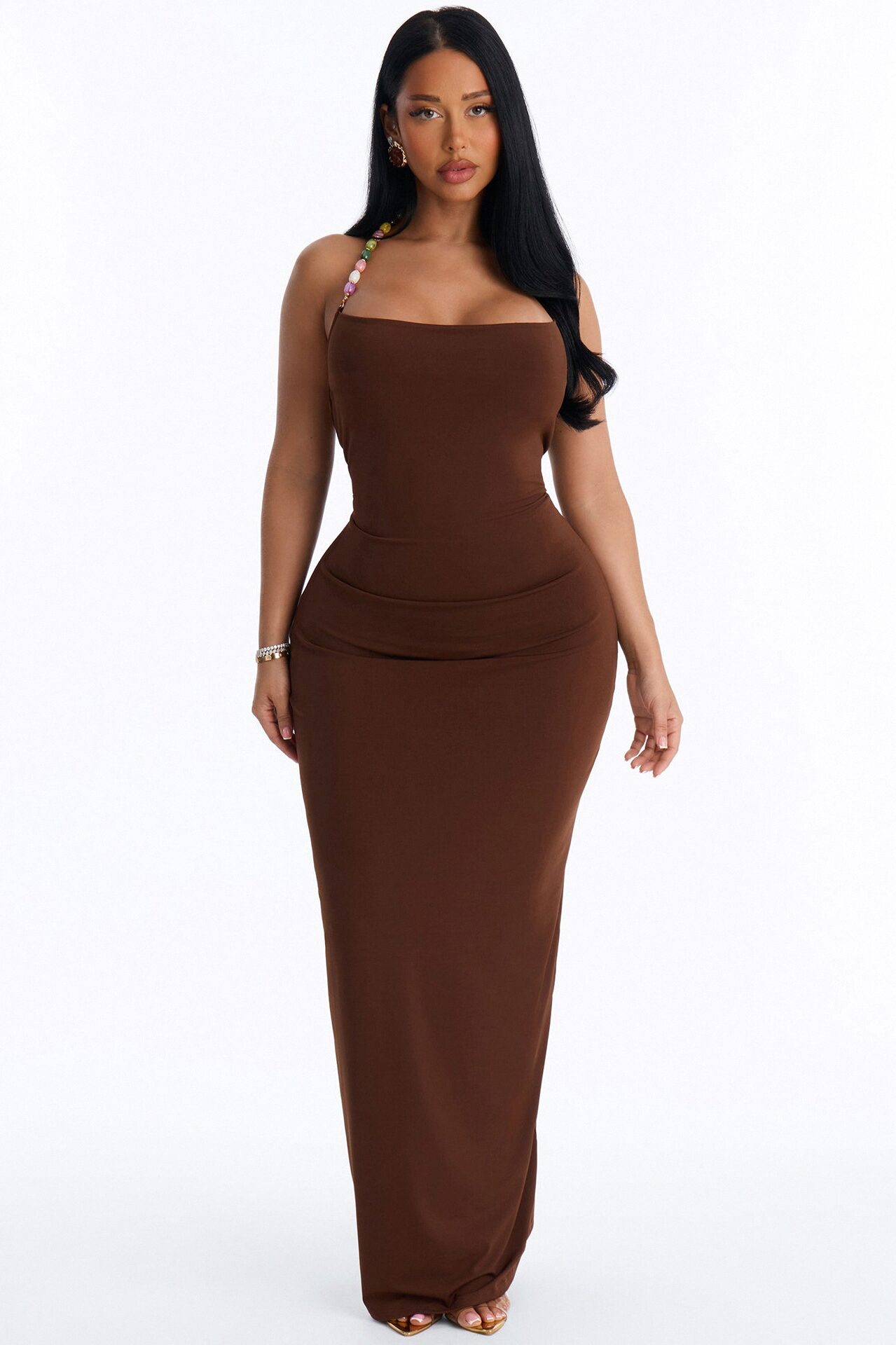 Leila Beaded Halter Maxi Dress - Brown
