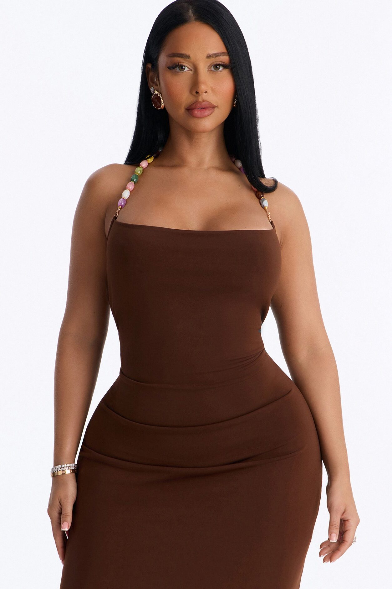 Leila Beaded Halter Maxi Dress - Brown