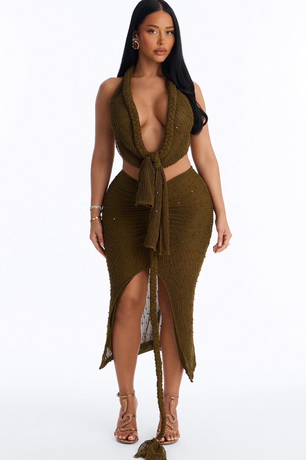 Avery Rope Detail Crochet Skirt Set - Olive