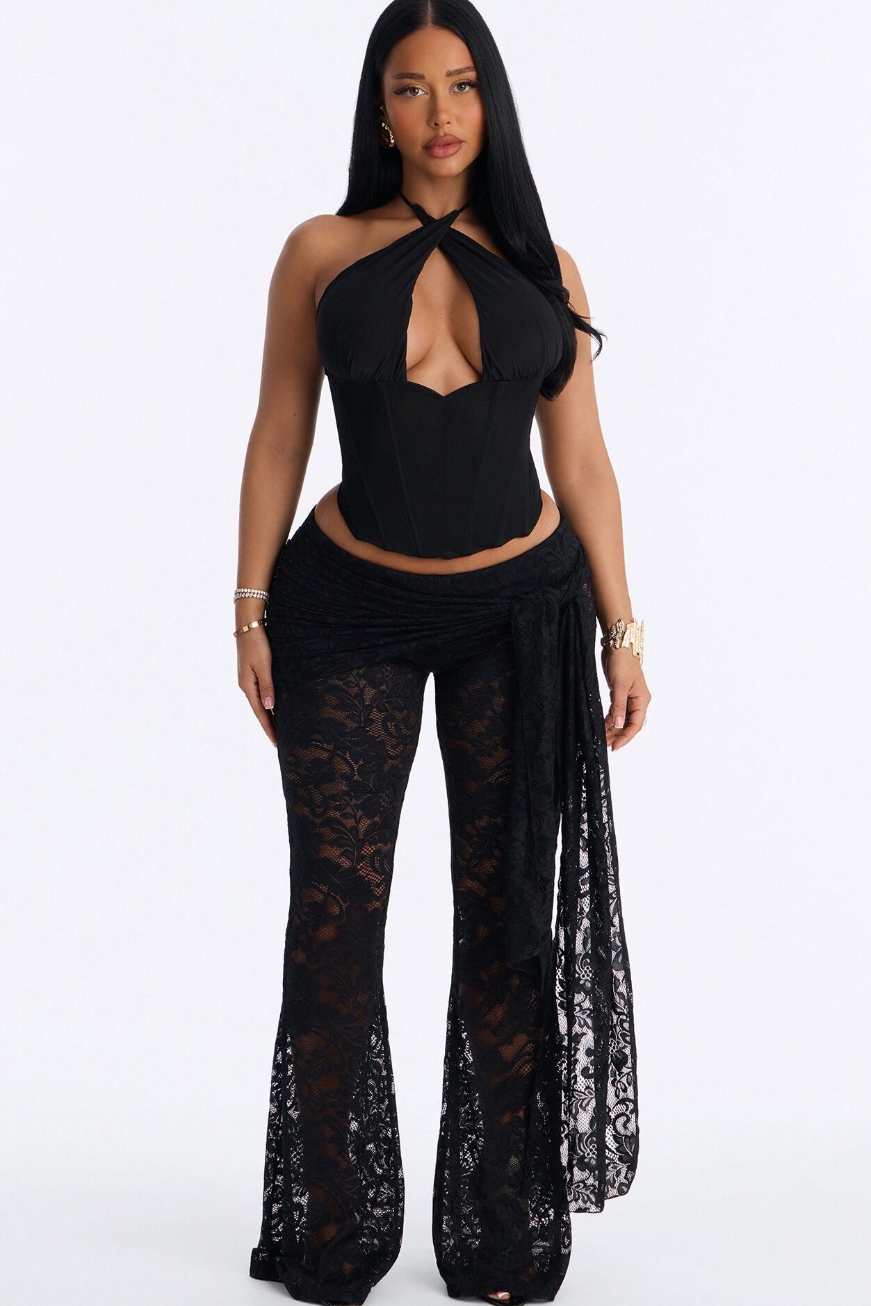 Lenora Lace Wrap Waist Skinny Flare Pant - Black