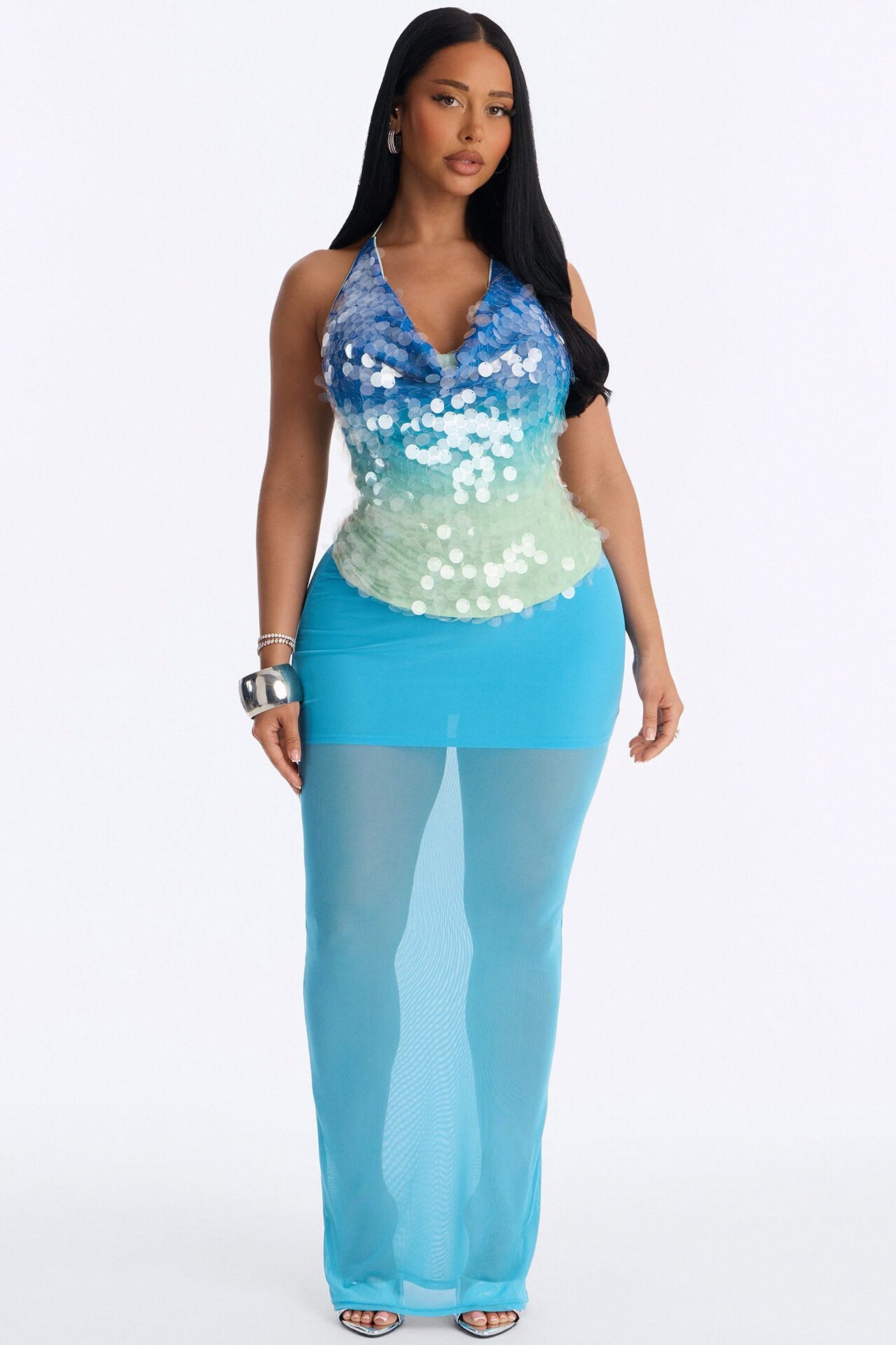 Giselle Ombre Sequin Cowl Neck Halter Top - Blue/combo