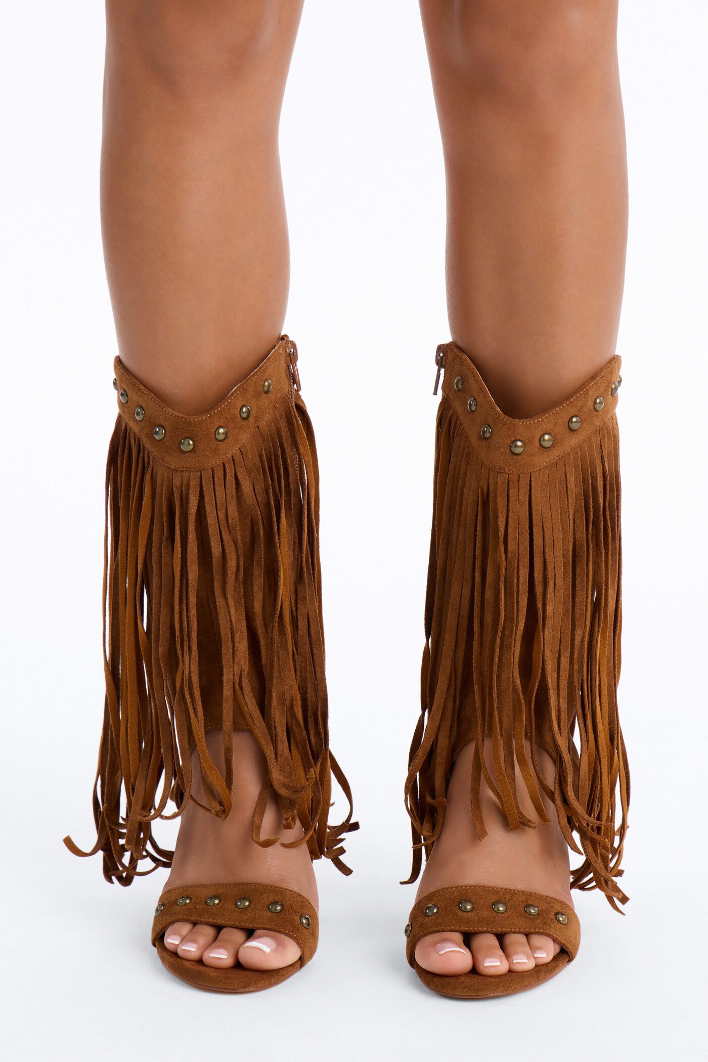 Tadi Fringe Studded Heels - Cognac