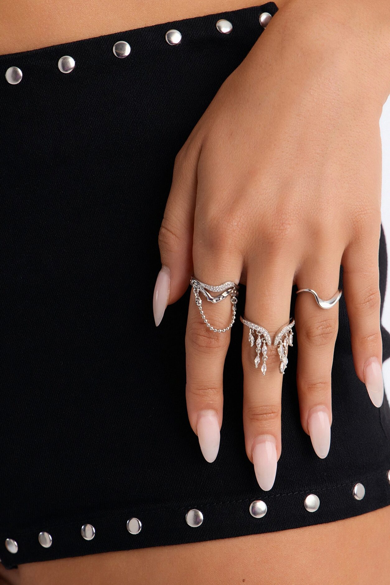 Rhinestone Waterfall 3 Piece Ring Set - Silver