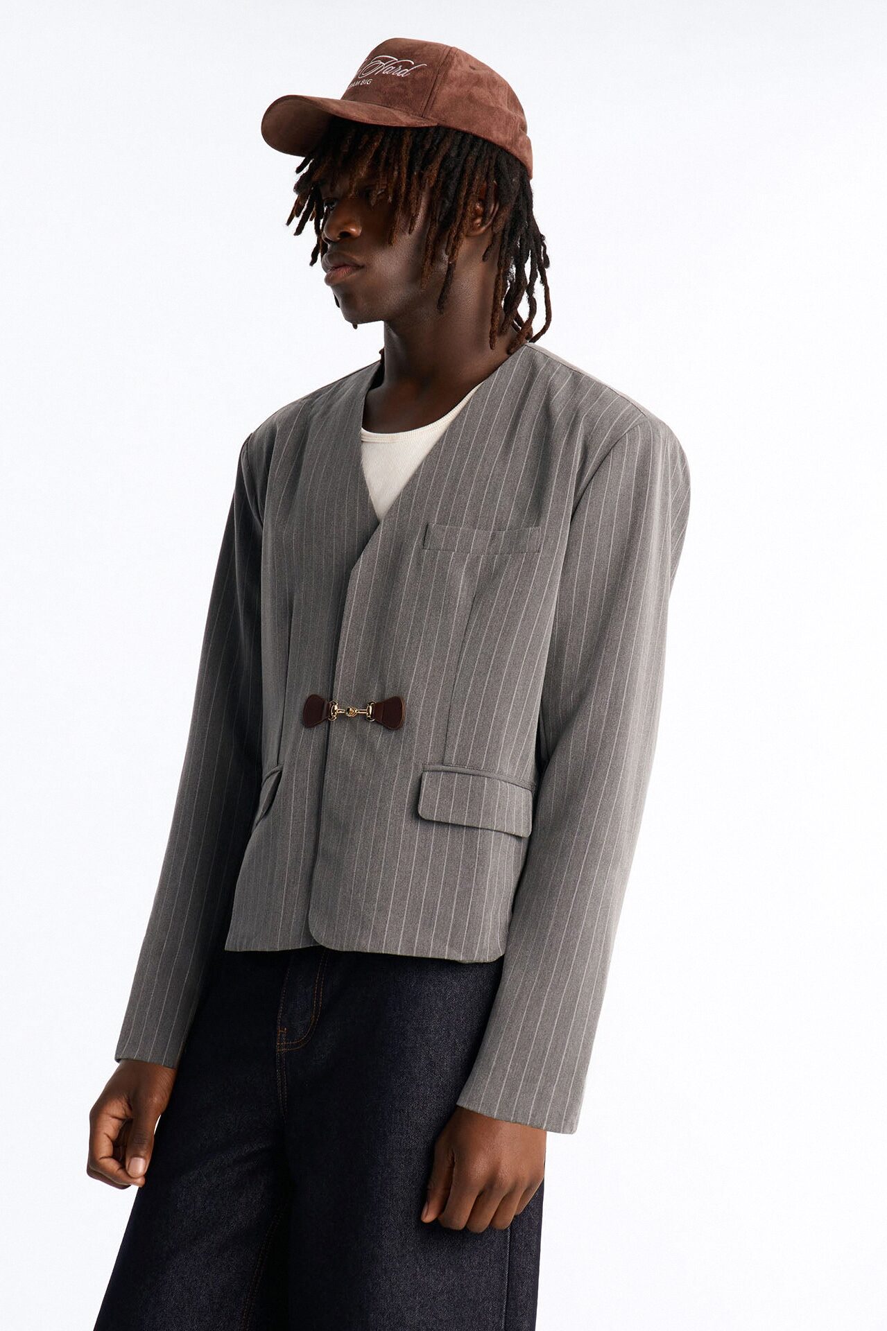 Boxy Cropped Pin Striped Cut Out Blazer - Light Grey