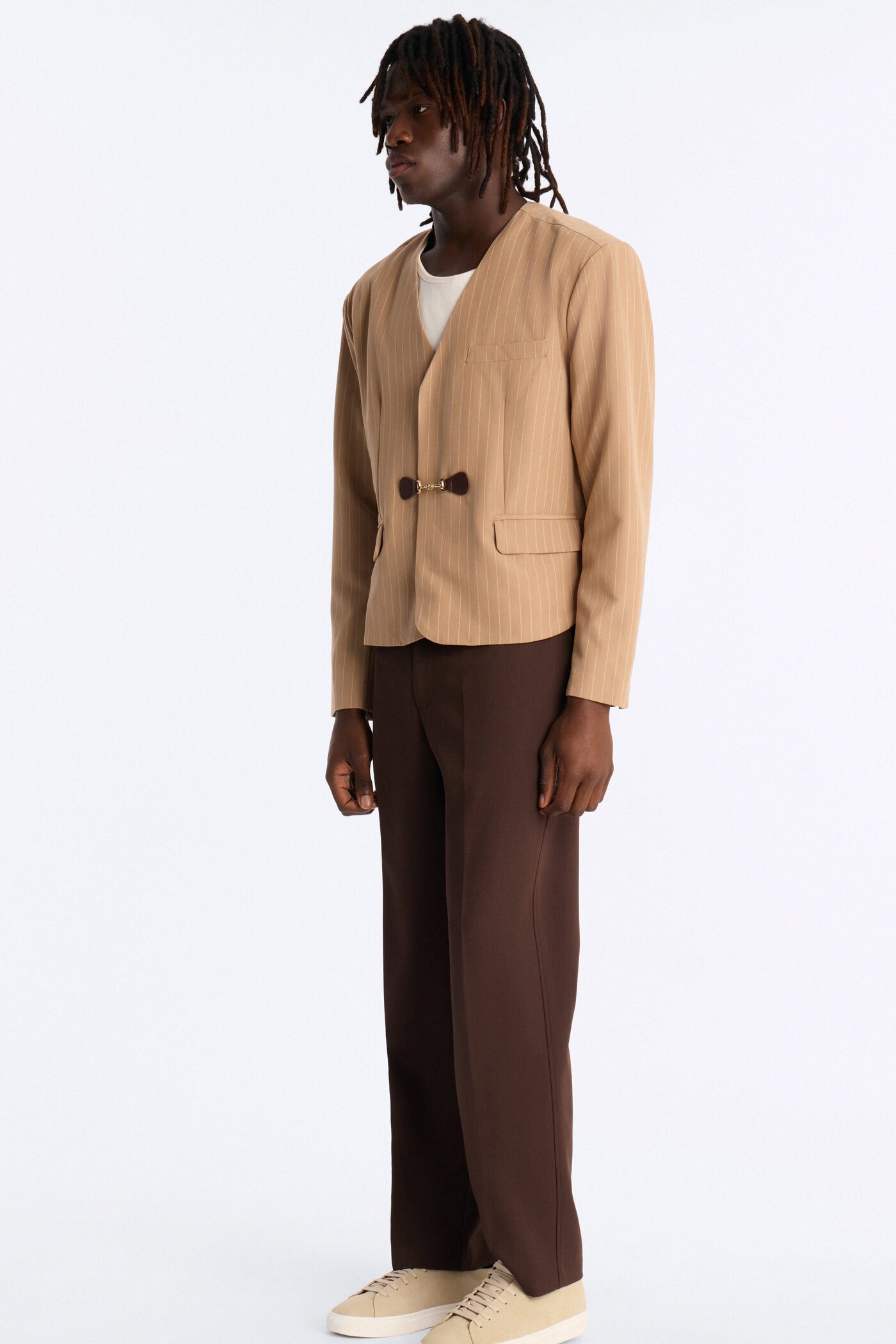 Boxy Cropped Pin Striped Cut Out Blazer - Tan