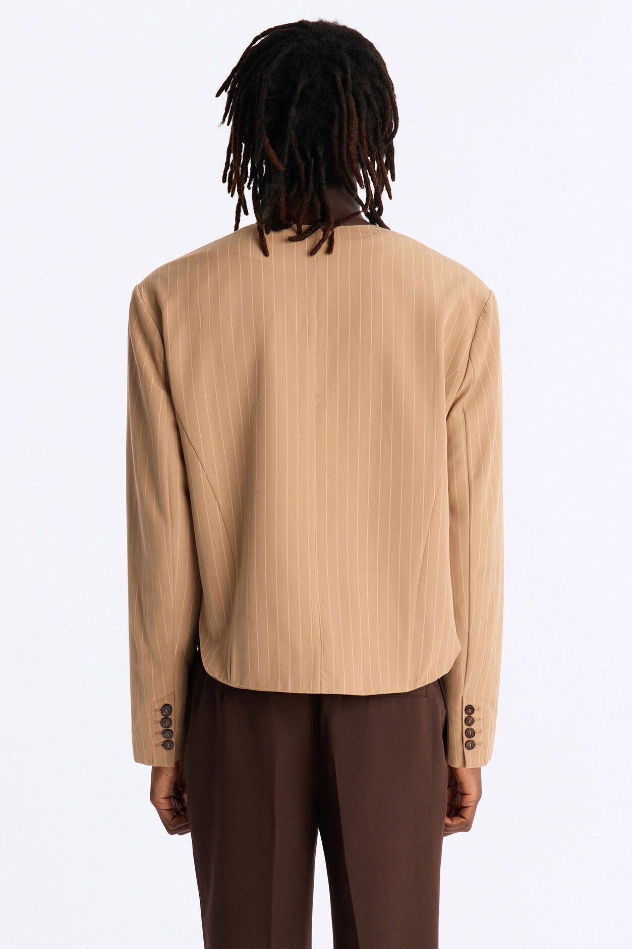 Boxy Cropped Pin Striped Cut Out Blazer - Tan