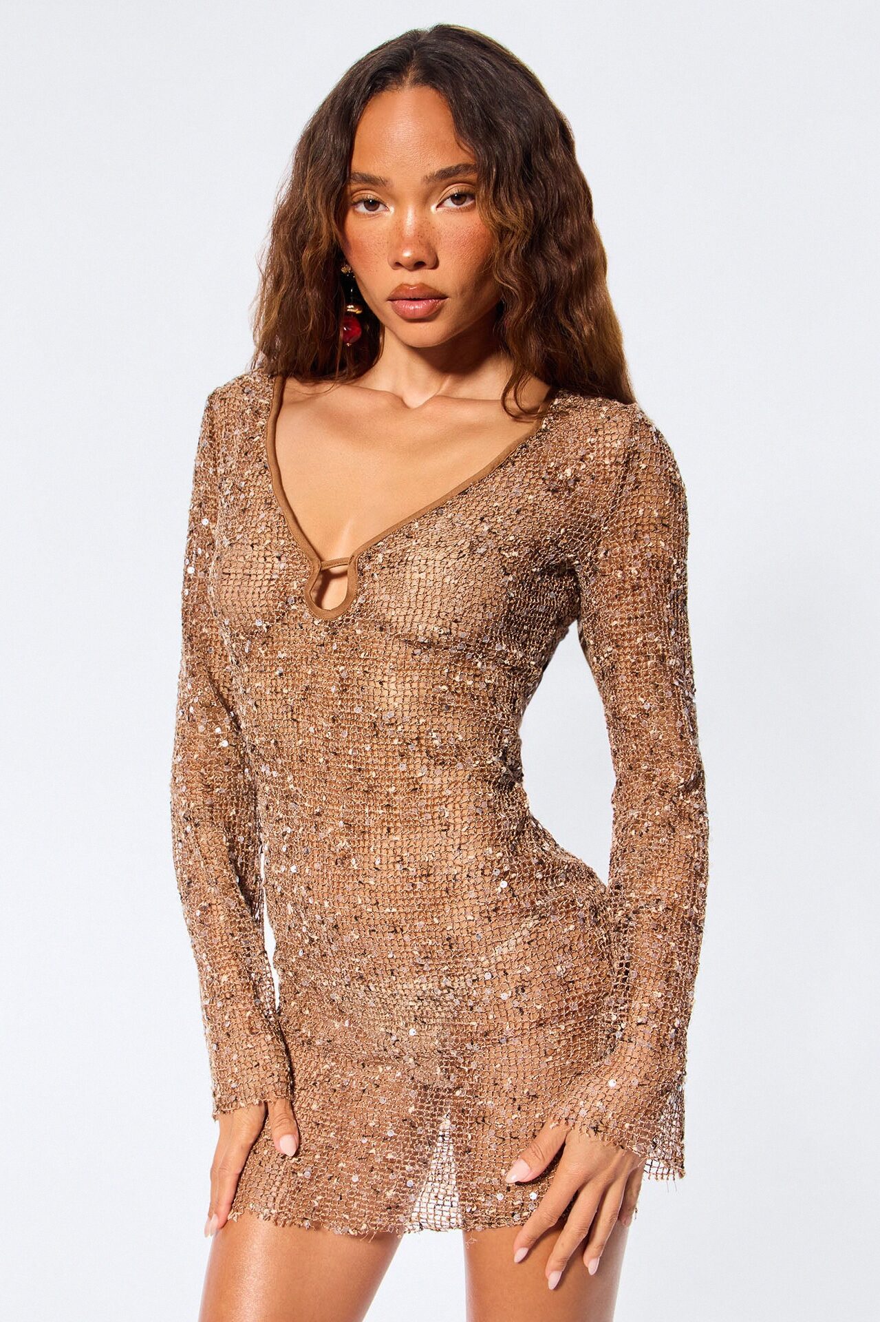 Out In The Tropics Crochet Mini Dress - Bronze