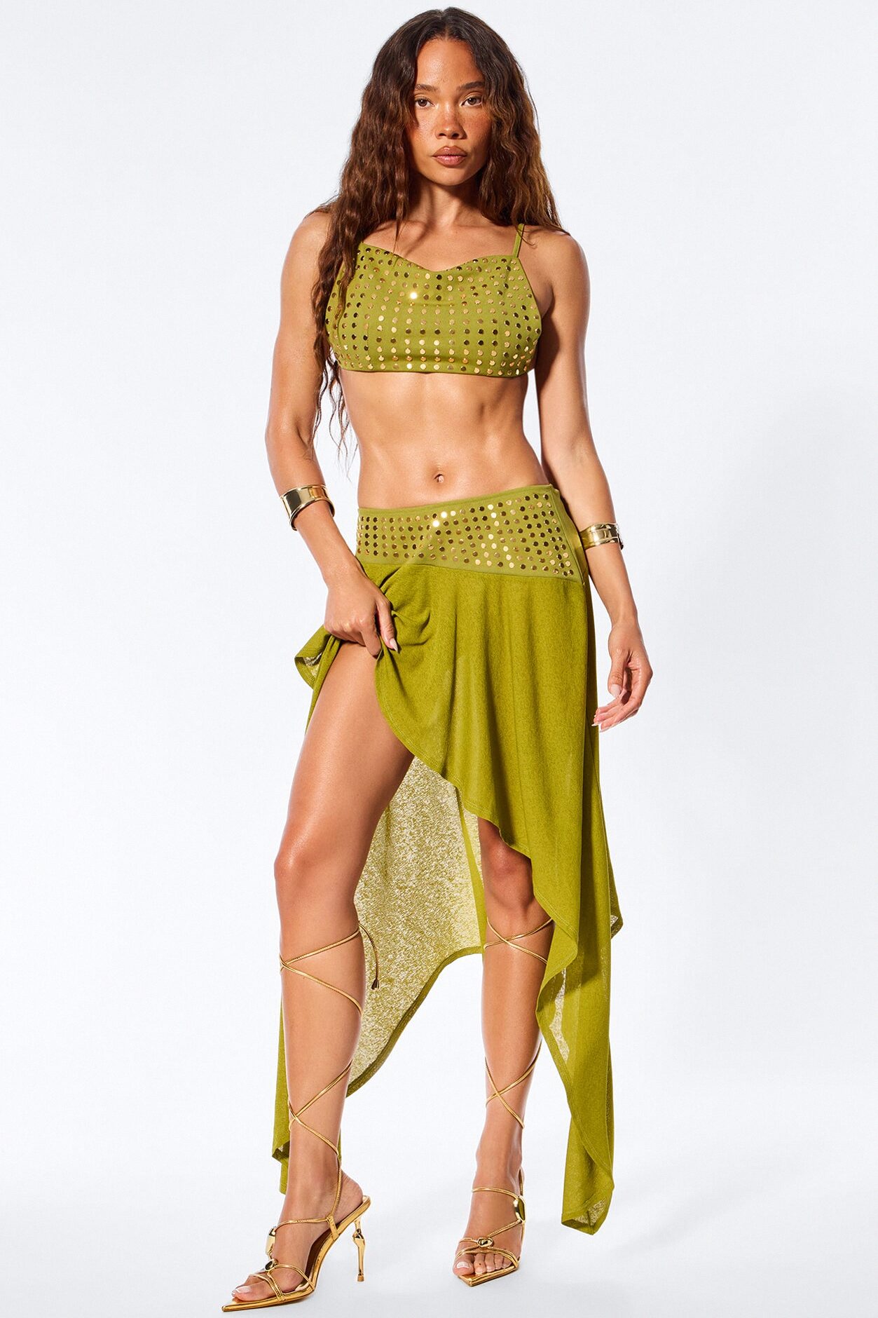 Sun Rebel Studded Midi Skirt Set - Green