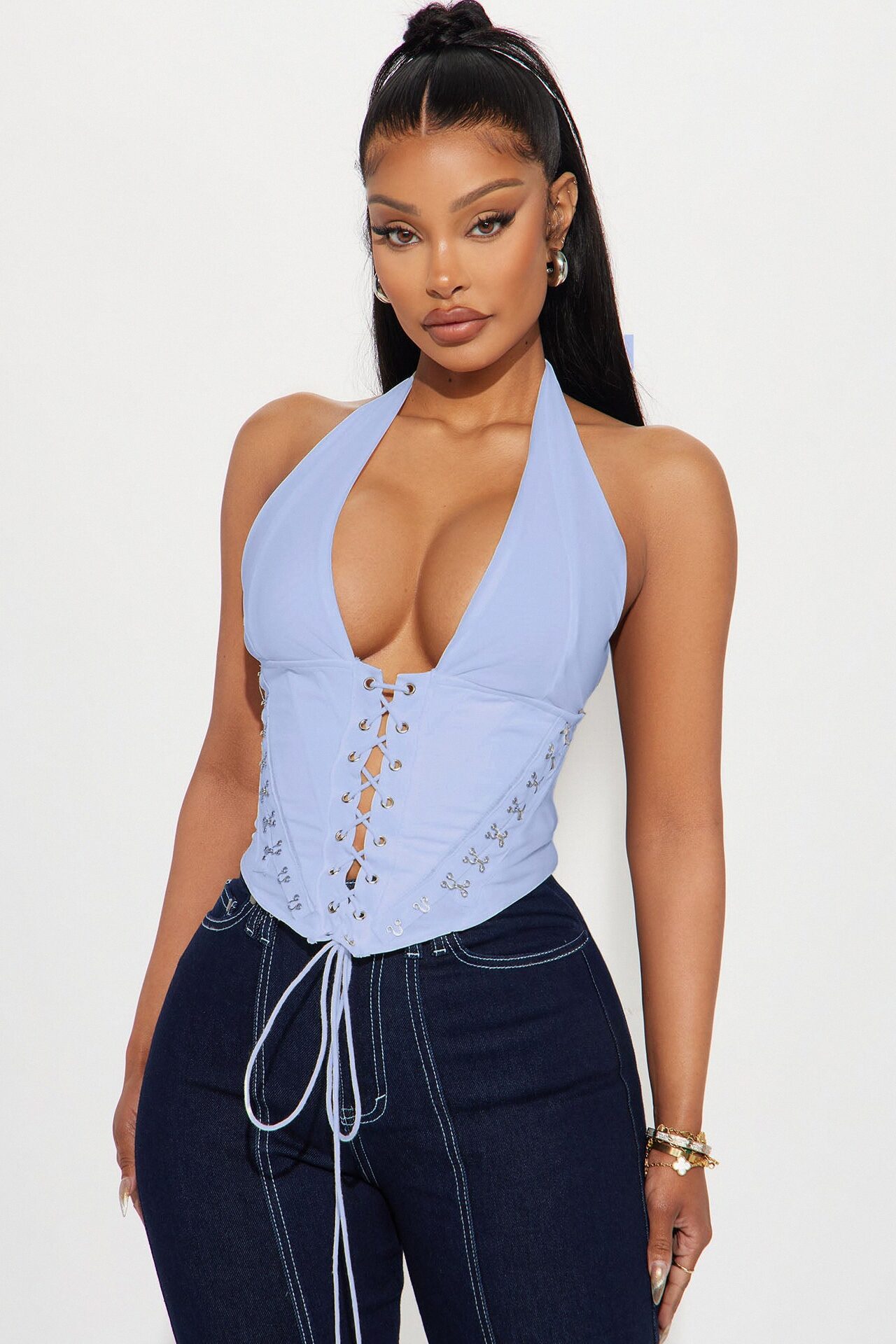 Alexis Lace Up Halter Top - Blue