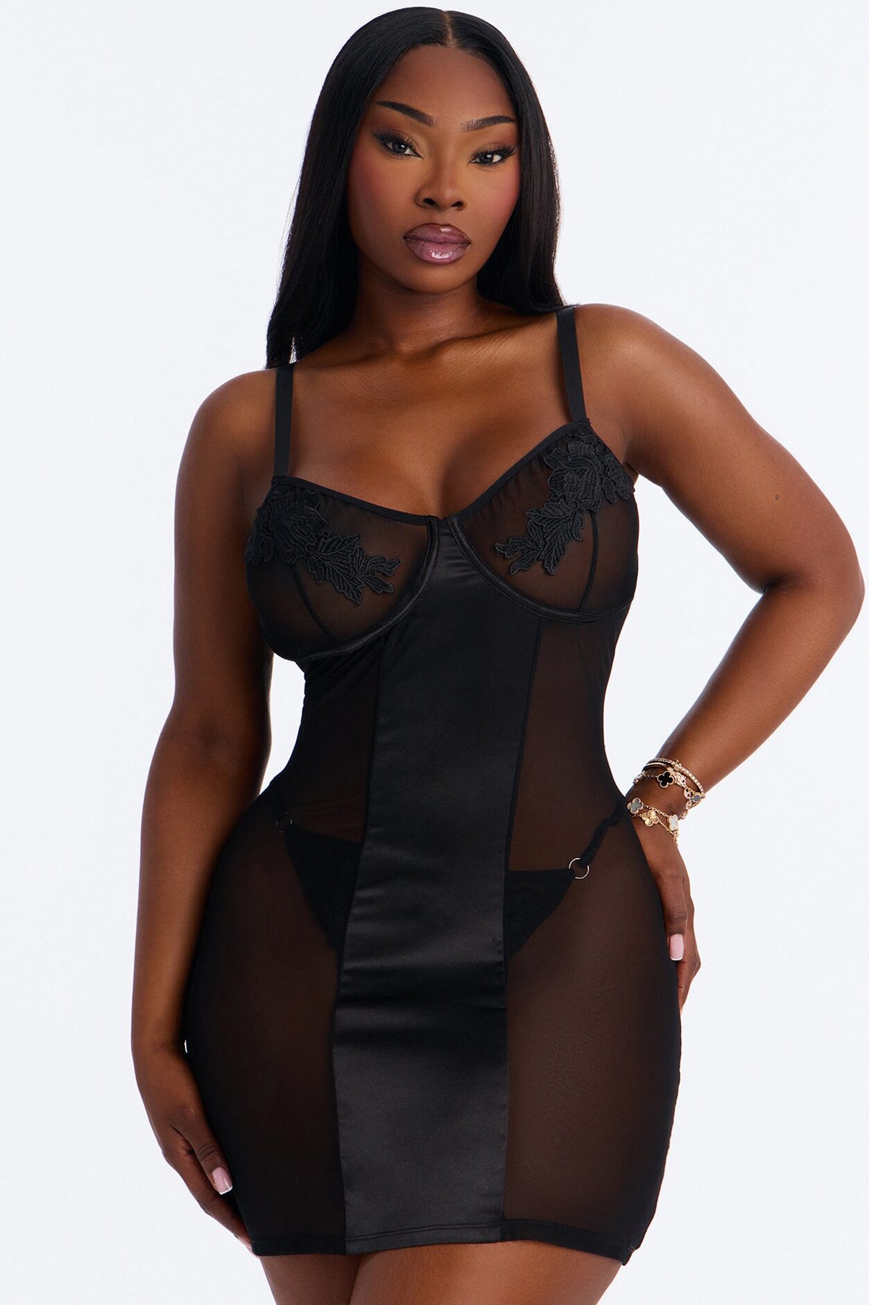 Best Of Luck Satin Mesh Chemise - Black