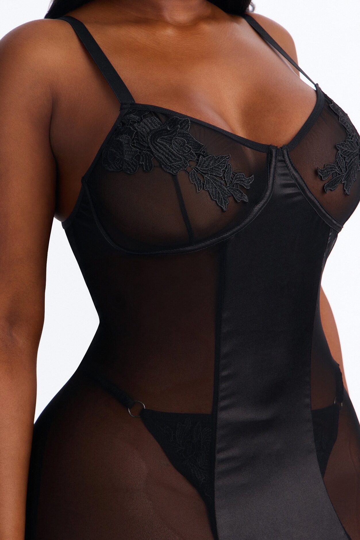 Best Of Luck Satin Mesh Chemise - Black