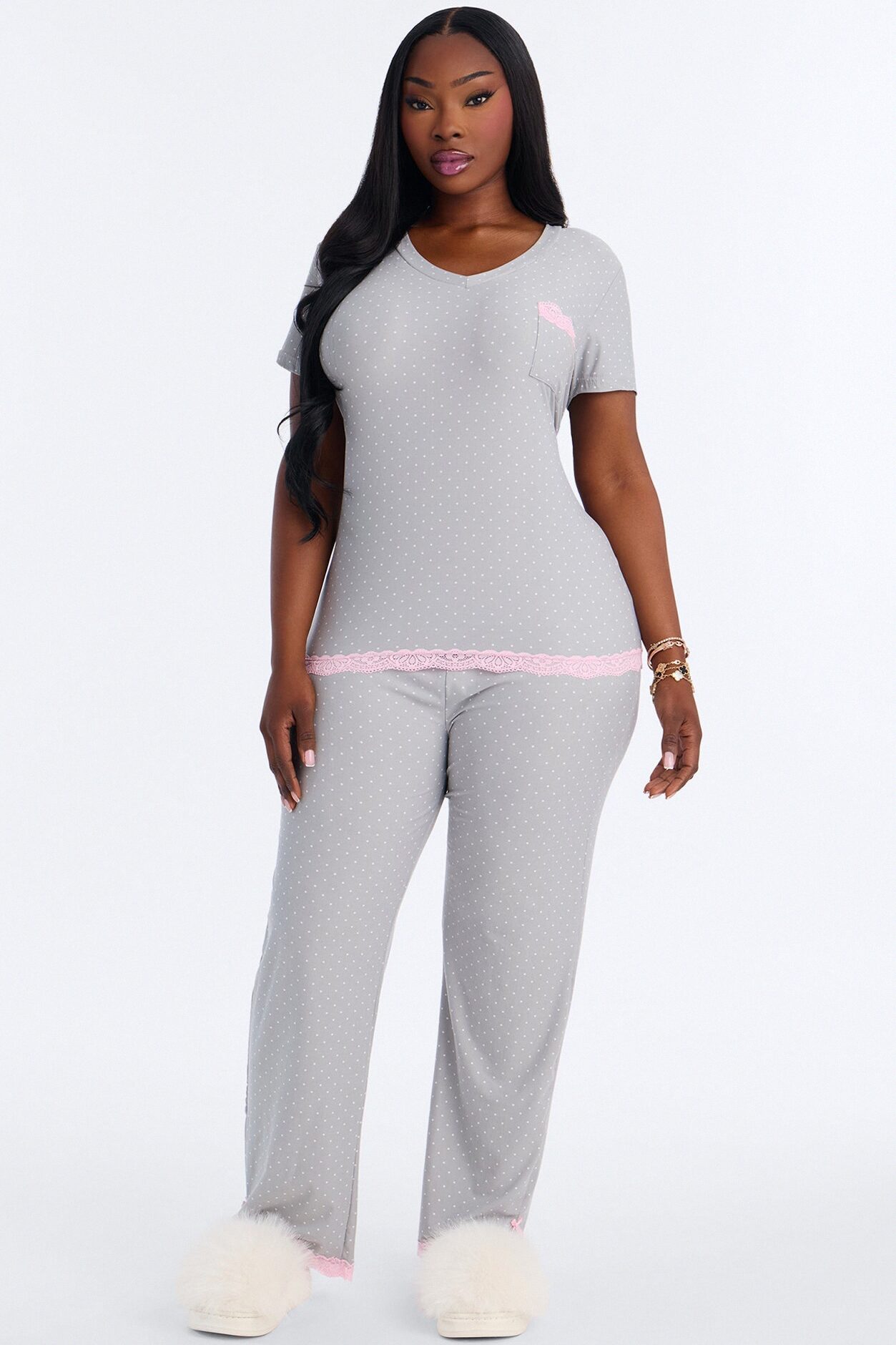 Soft Ease Lace Trim PJ Pant Set - Grey