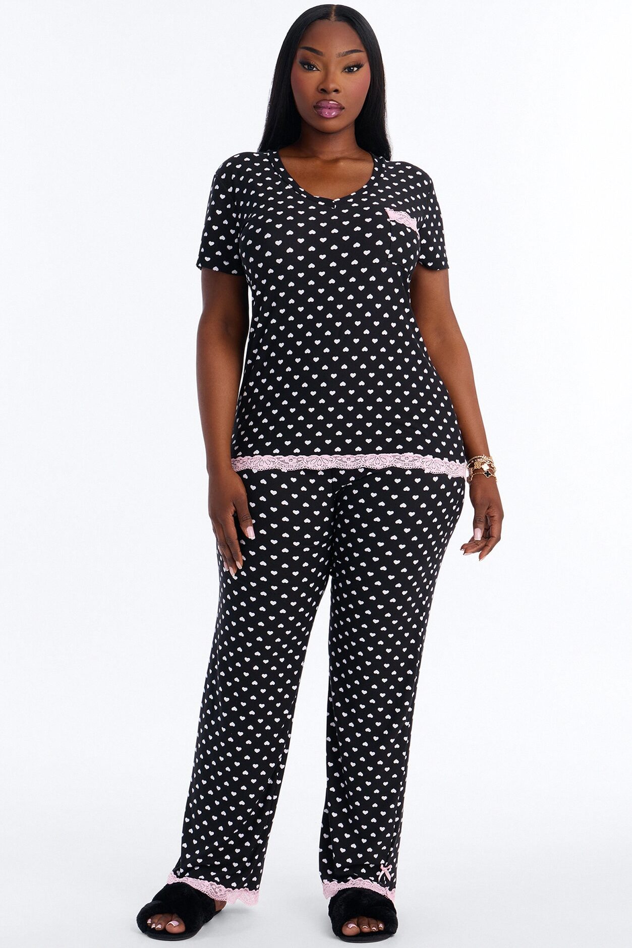 Soft Ease Lace Trim PJ Pant Set - Black/Pink
