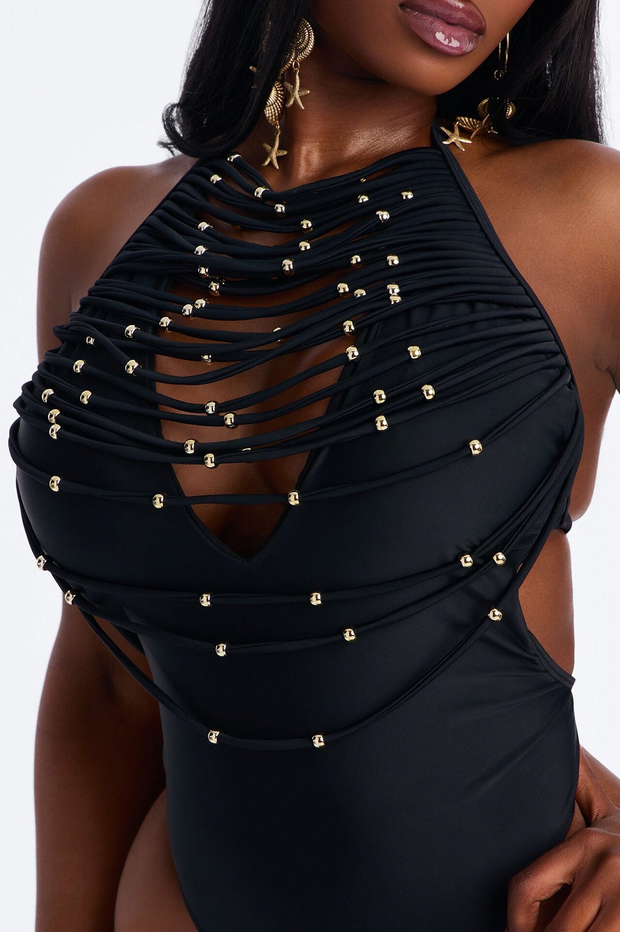 Drama Queen Draped Bead 1 Piece Swimsuit - Black