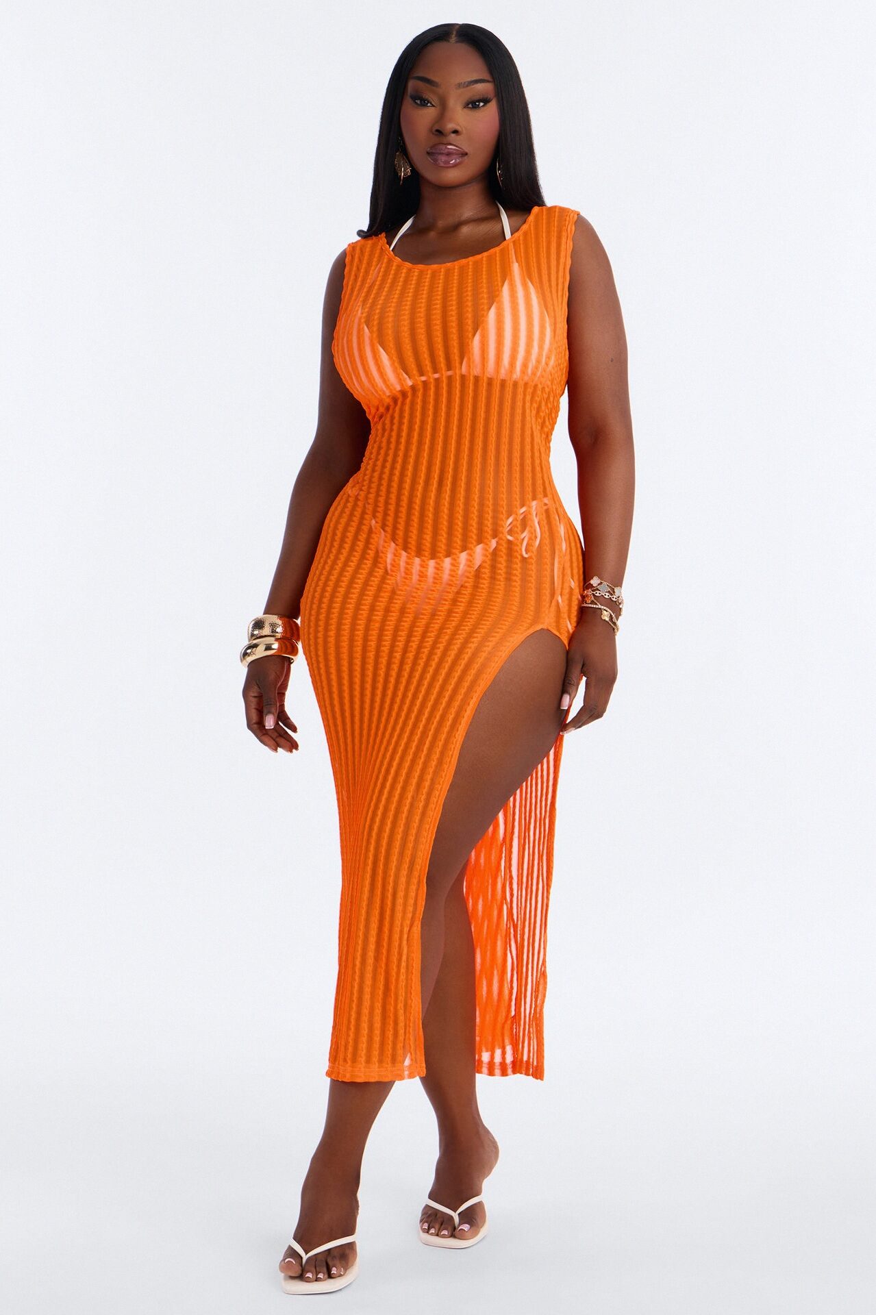 Island Breeze Mesh Slit Cover Up Maxi Dress - Orange