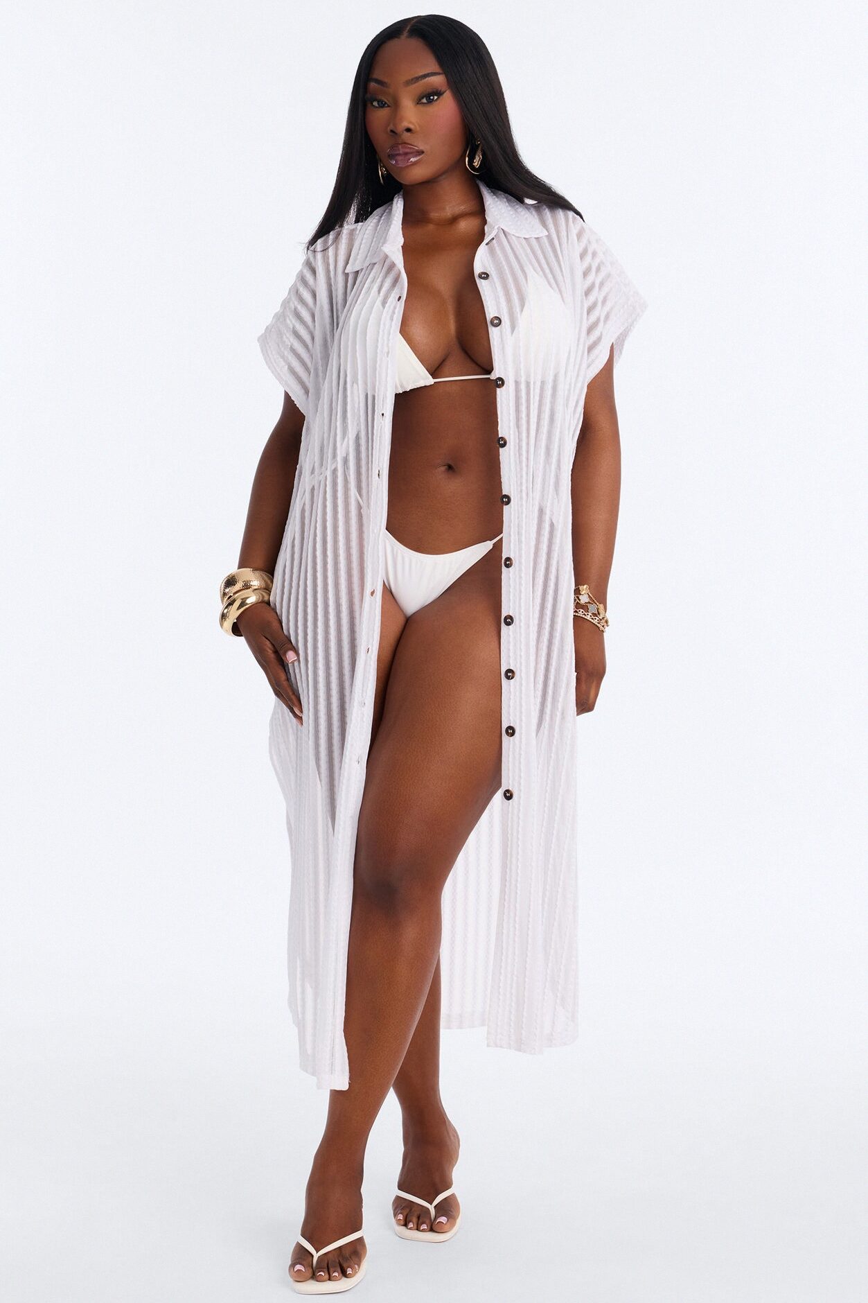 Island Breeze Mesh Midi Button Up Cover Up - White