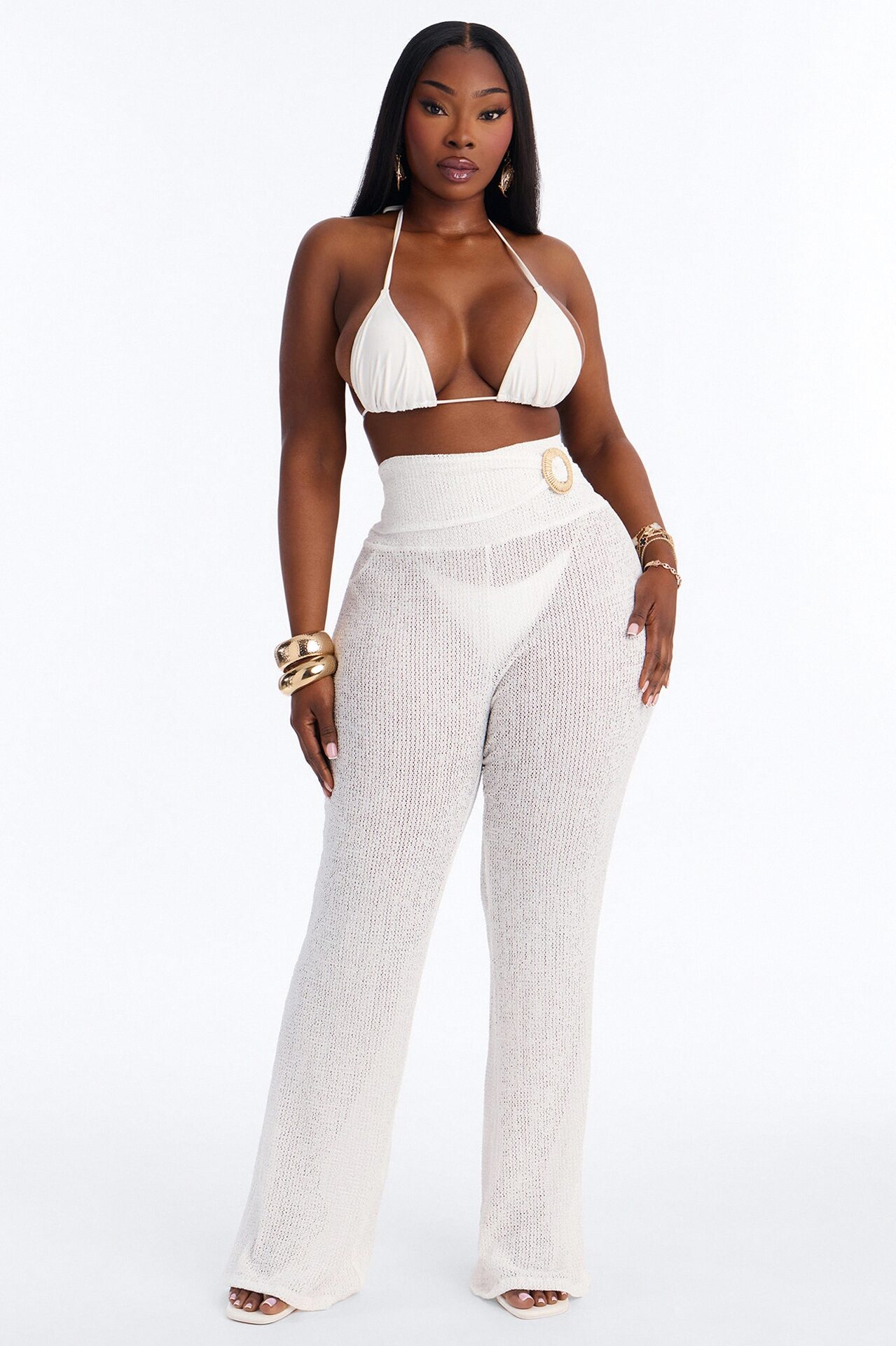 Ocean Breeze Knit Raffia Ring Cover Up Pants - White