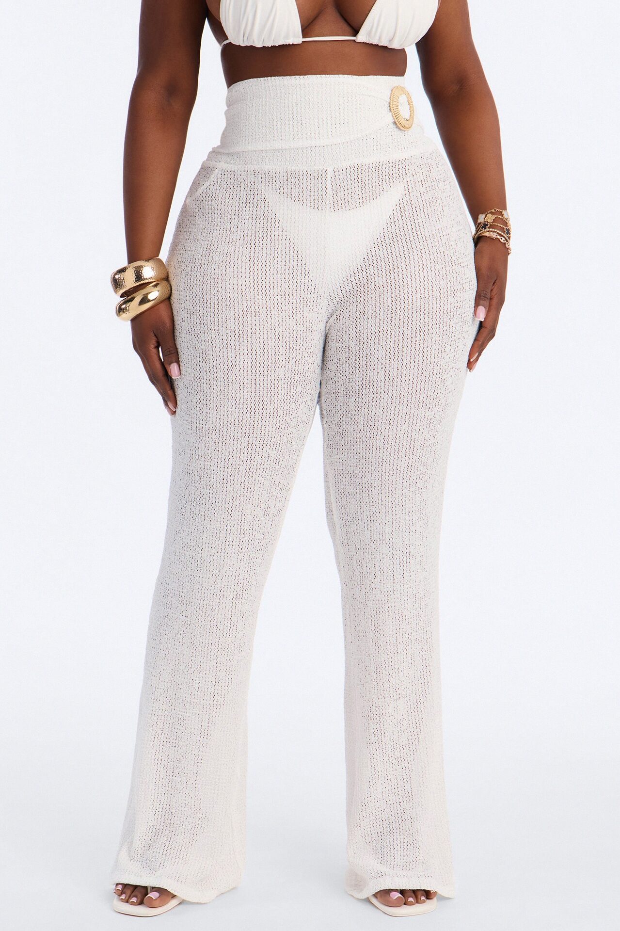 Ocean Breeze Knit Raffia Ring Cover Up Pants - White