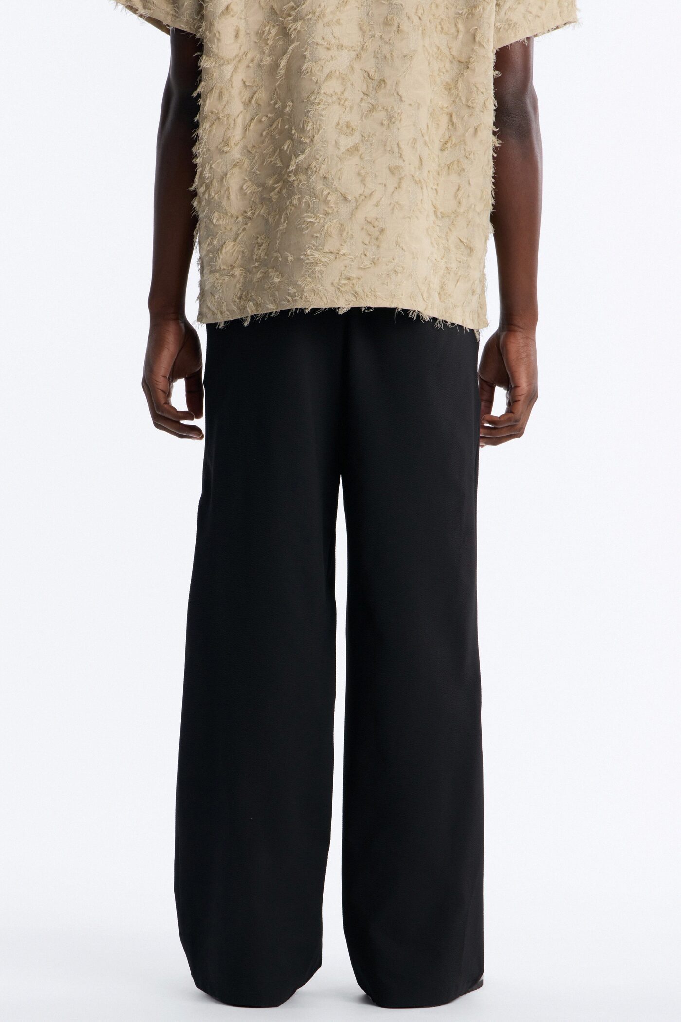 Wide Leg Textured Seersucker Trouser - Black