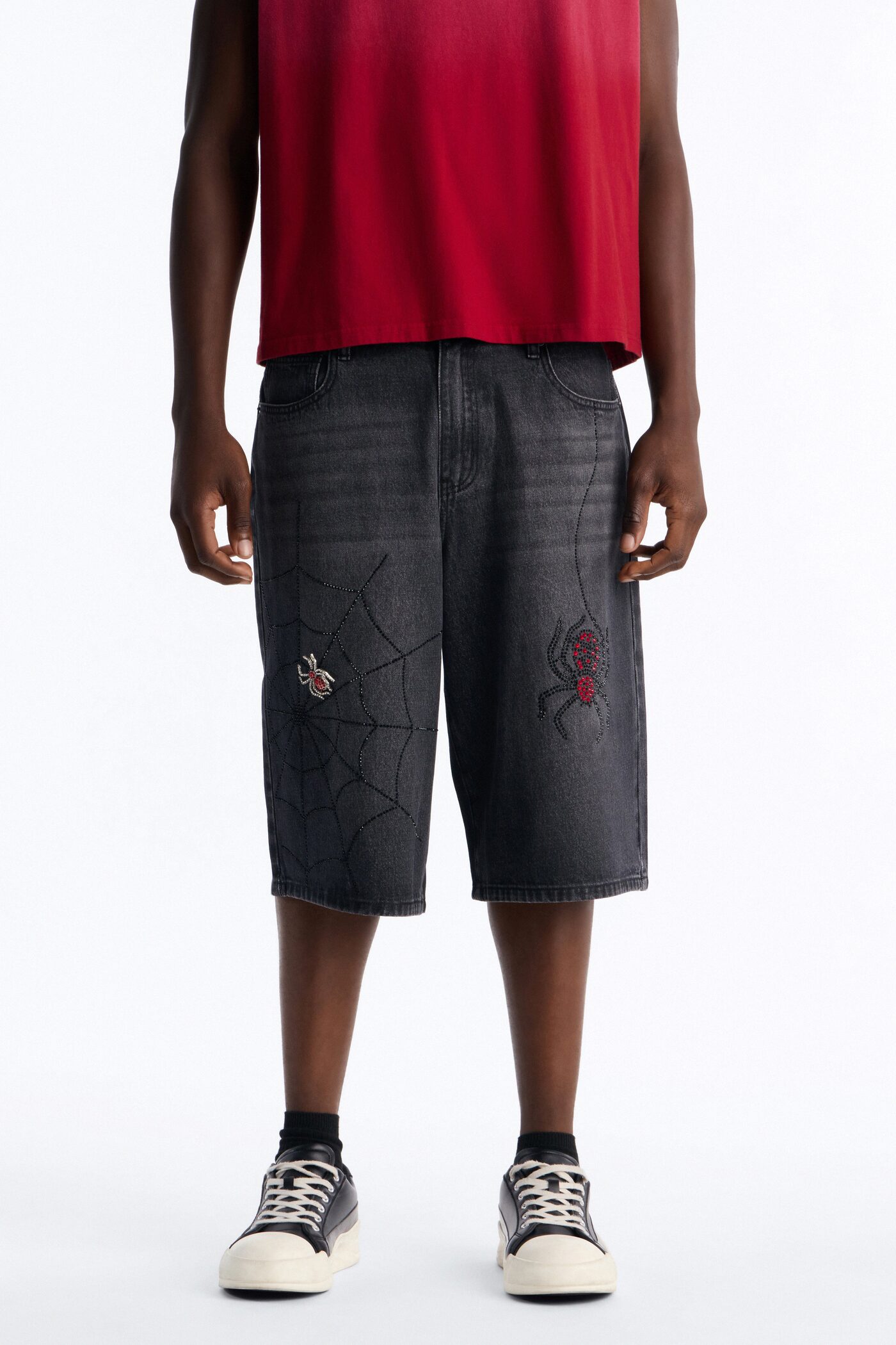 Baggy Black Widow Jeweled Denim Short - Black Wash
