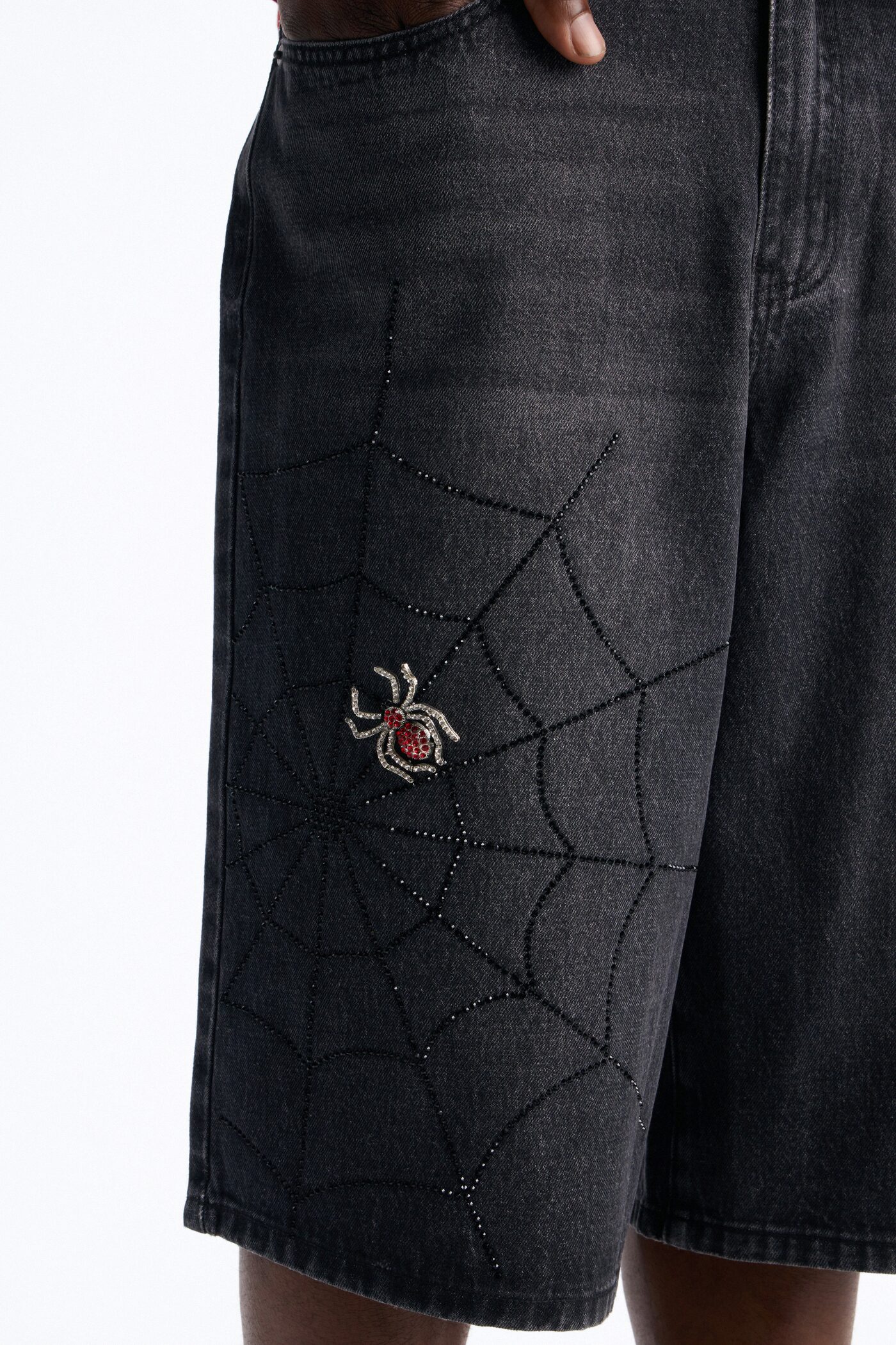 Baggy Black Widow Jeweled Denim Short - Black Wash