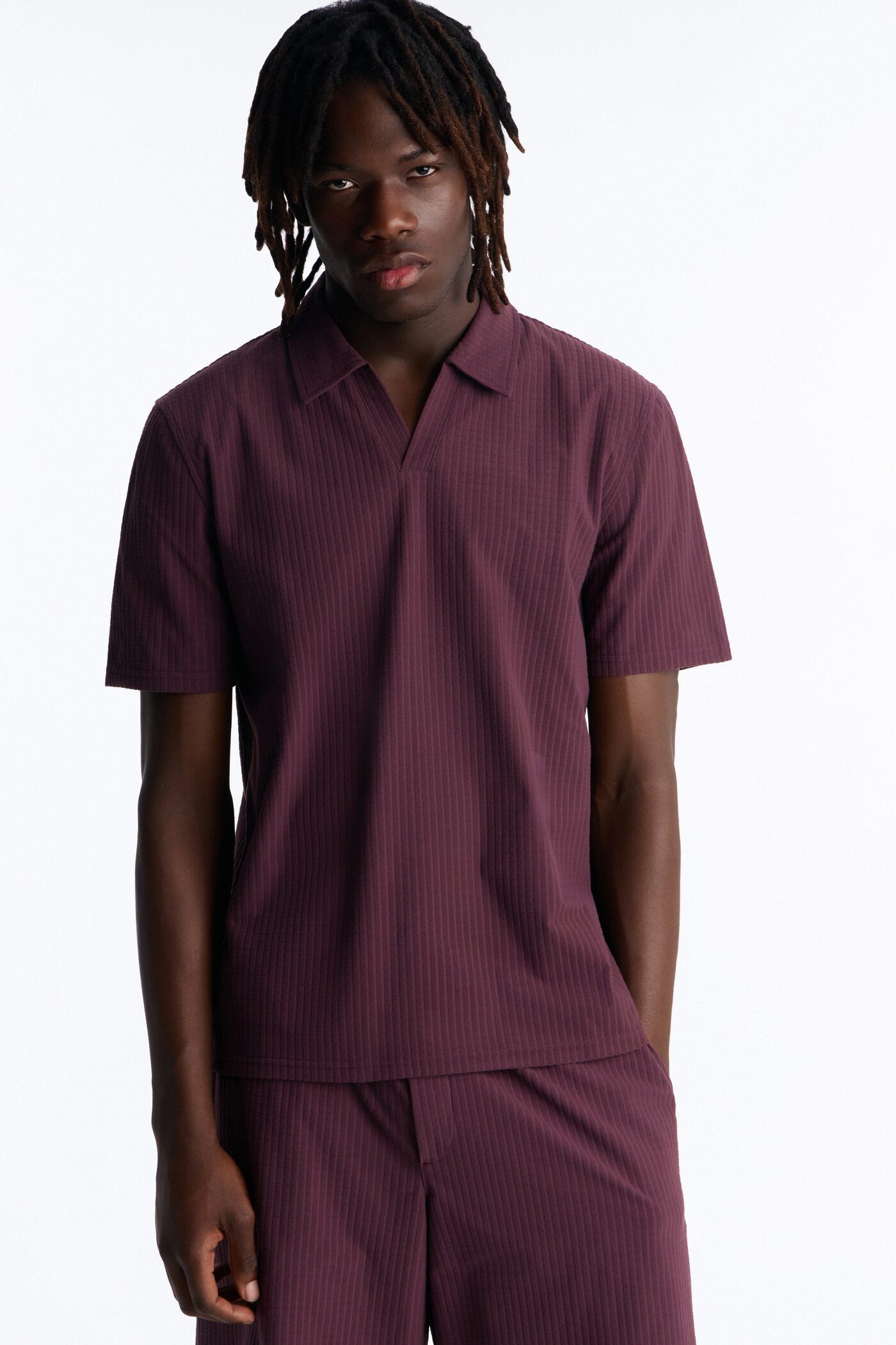 Terrance Textured Stripe Johnny Collar Polo - Wine